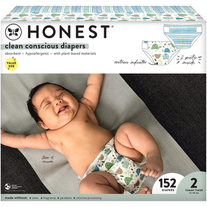 The Honest Company Clean Conscious Diapers | Plant-Based, Sustainable | Turtle Time + Dots & Dashes | Super Club Box, Size 2 (12-18 lbs), 152 Count