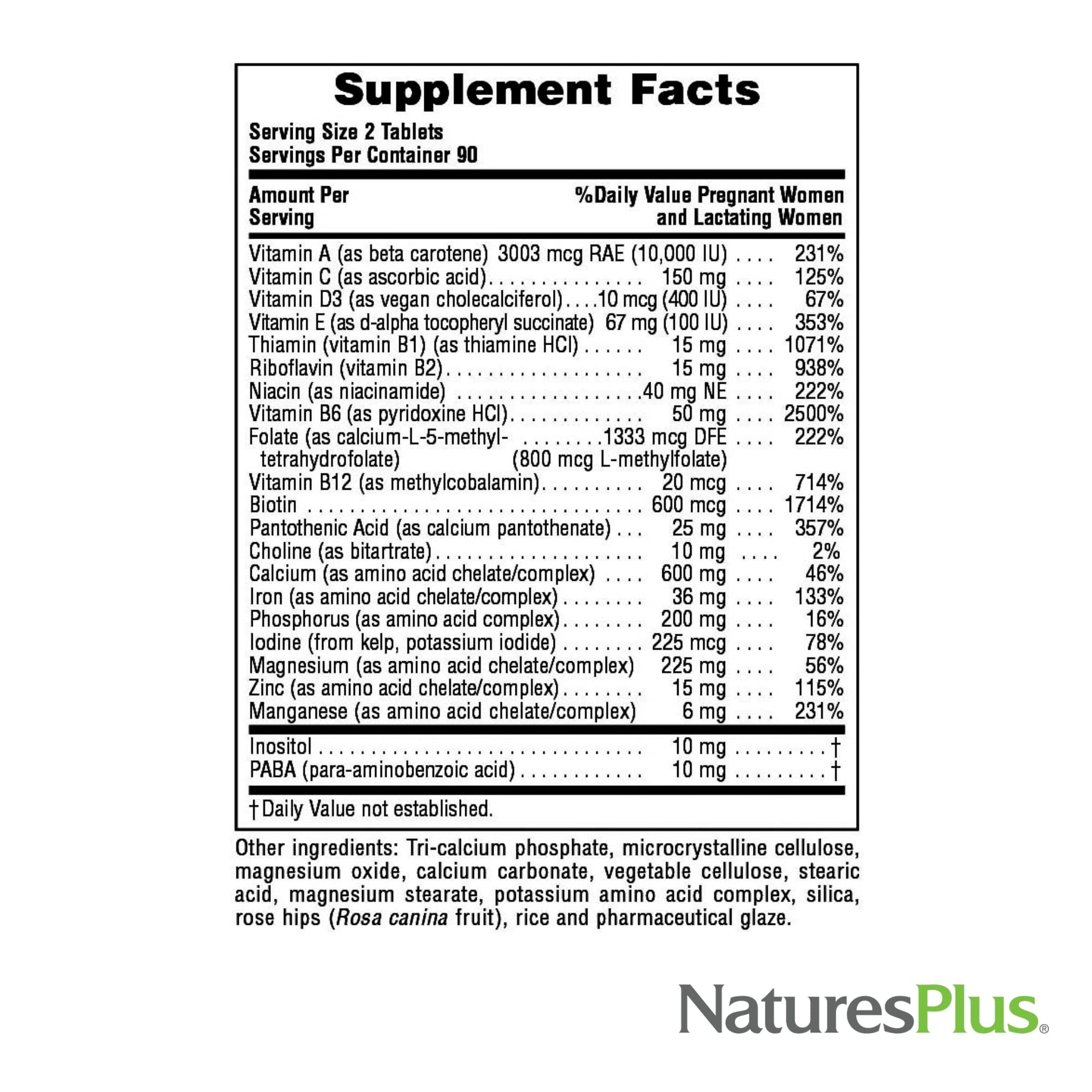 Natures Plus Ultra Prenatal Multivitamin - 800 mcg Folate, 180 Vegetarian Tablets - Prenatal Supplement with Iron, Iodine, Calcium & B-Complex Vitamins - Gluten-Free - 90 Servings