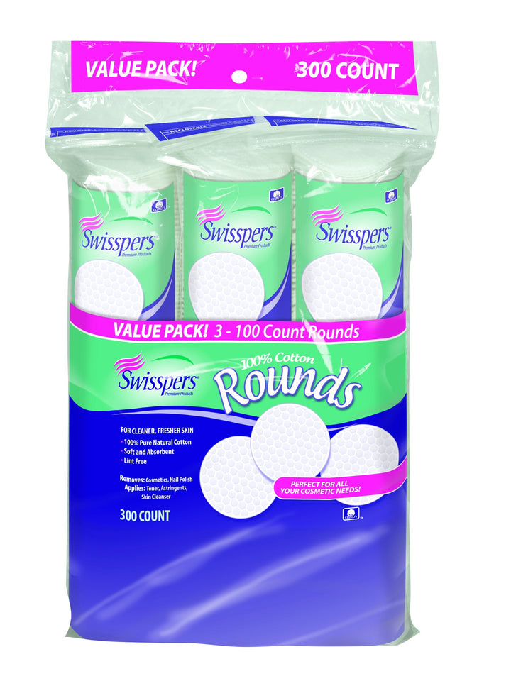 Swisspers 100% Cotton Rounds, Soft and Absorbent, 100 Rounds per Pack, 3-Pack (300 Rounds Total)
