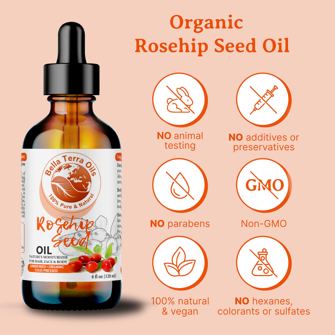NEW Rosehip Seed Oil. 4oz. Cold-pressed. Unrefined. Organic. 100% Pure. Anti-aging. Hexane-free. Improves the Appearance of Wrinkles, Scars. Natural Moisturizer. For Hair, Skin, Nails, Stretch Marks.