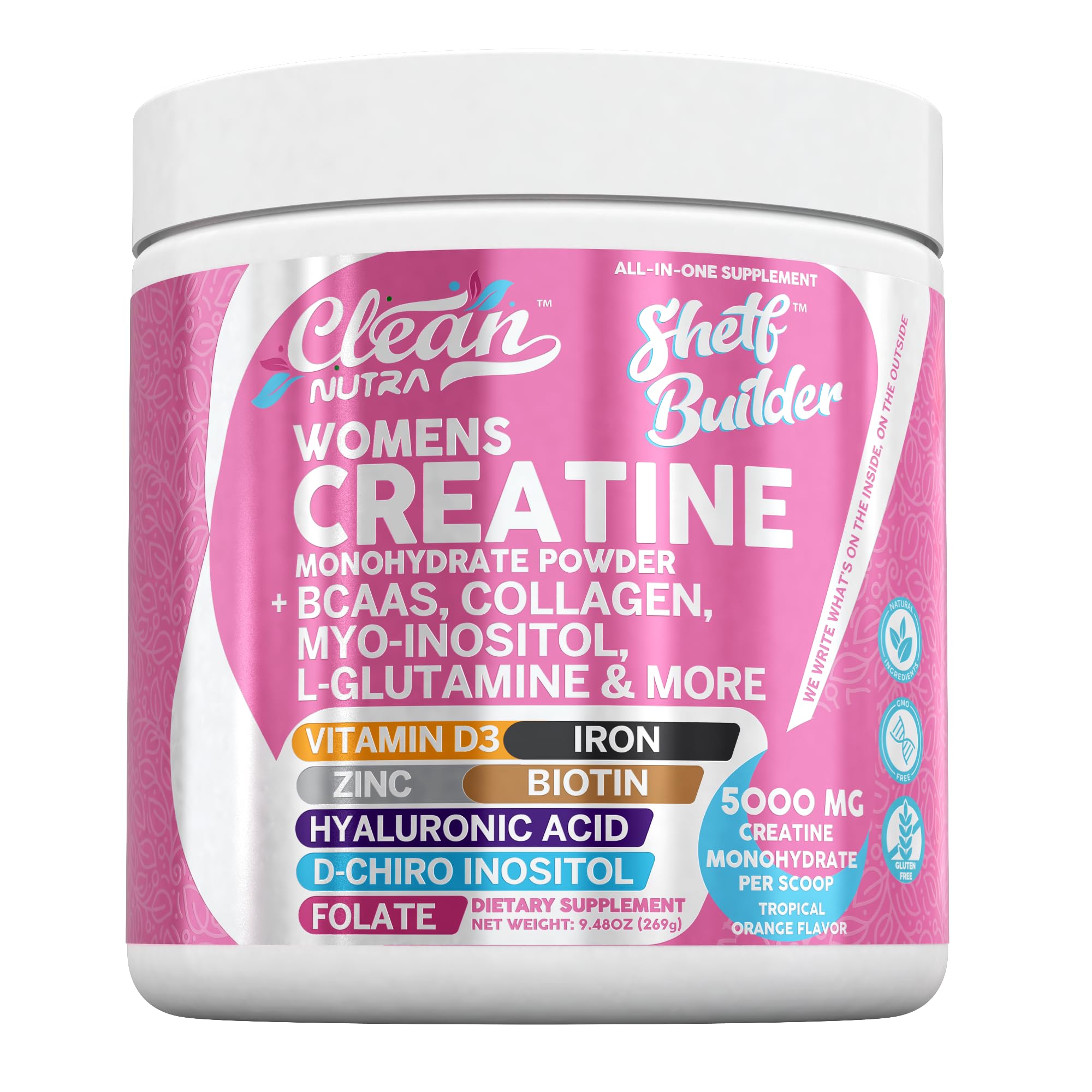 Creatine for Women | Creatine Monohydrate + BCAA Powder Myo-Inositol Collagen Biotin Hyaluronic Acid Folate L Glutamine Vitamin D3 Iron Zinc D-Chiro-Maca Digestion Shelf Builder by Clean Nutra