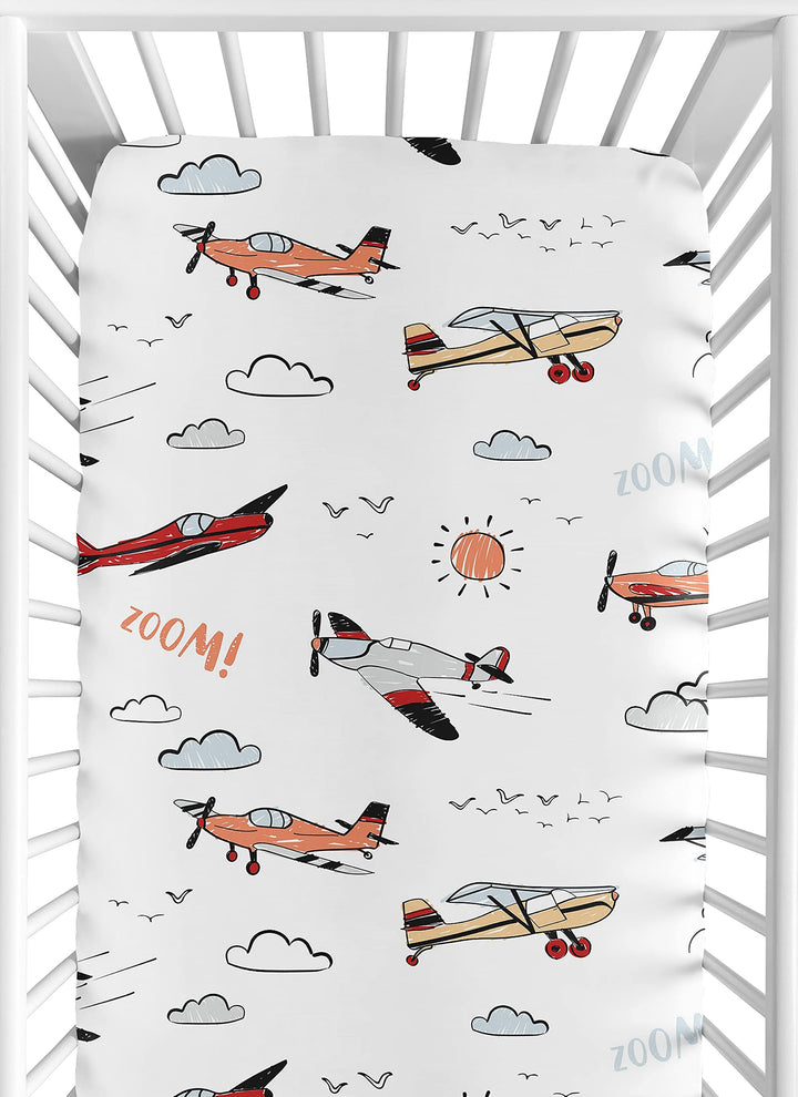 Sweet Jojo Designs Vintage Airplane Boy Fitted Crib Sheet Baby or Toddler Bed Nursery - Grey Yellow Orange Red White and Blue Airplanes Air Plane Transportation Clouds Sun Sky Aviator Aviation