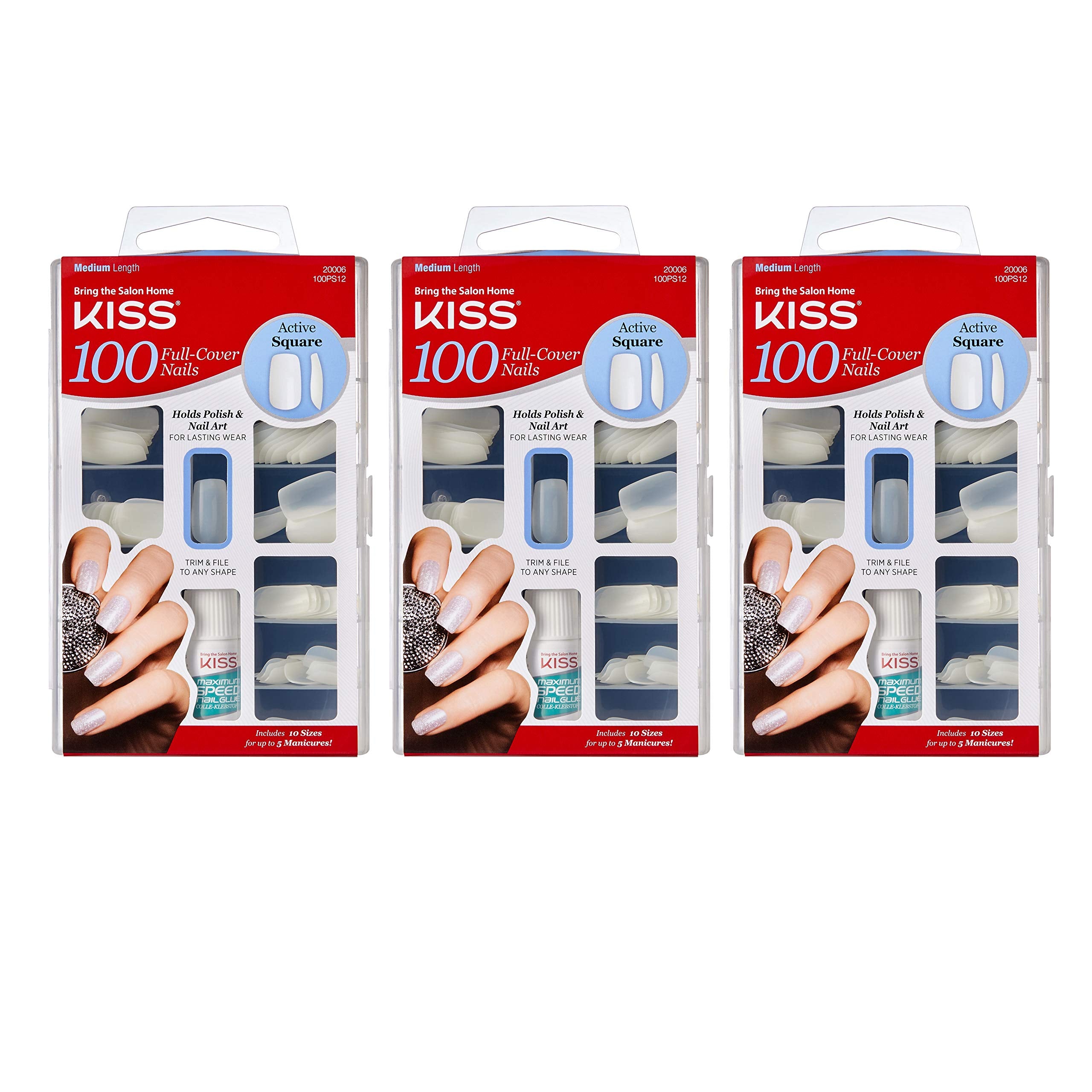 Kiss 100 Full Cover Nails Active Square (3 Pack)
