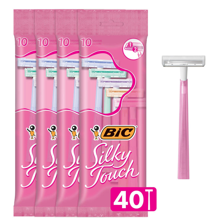 BIC Silky Touch Women's Disposable 2 Blade Razors, Pretty Pastel Colors with Slim Heads, 40-Pack