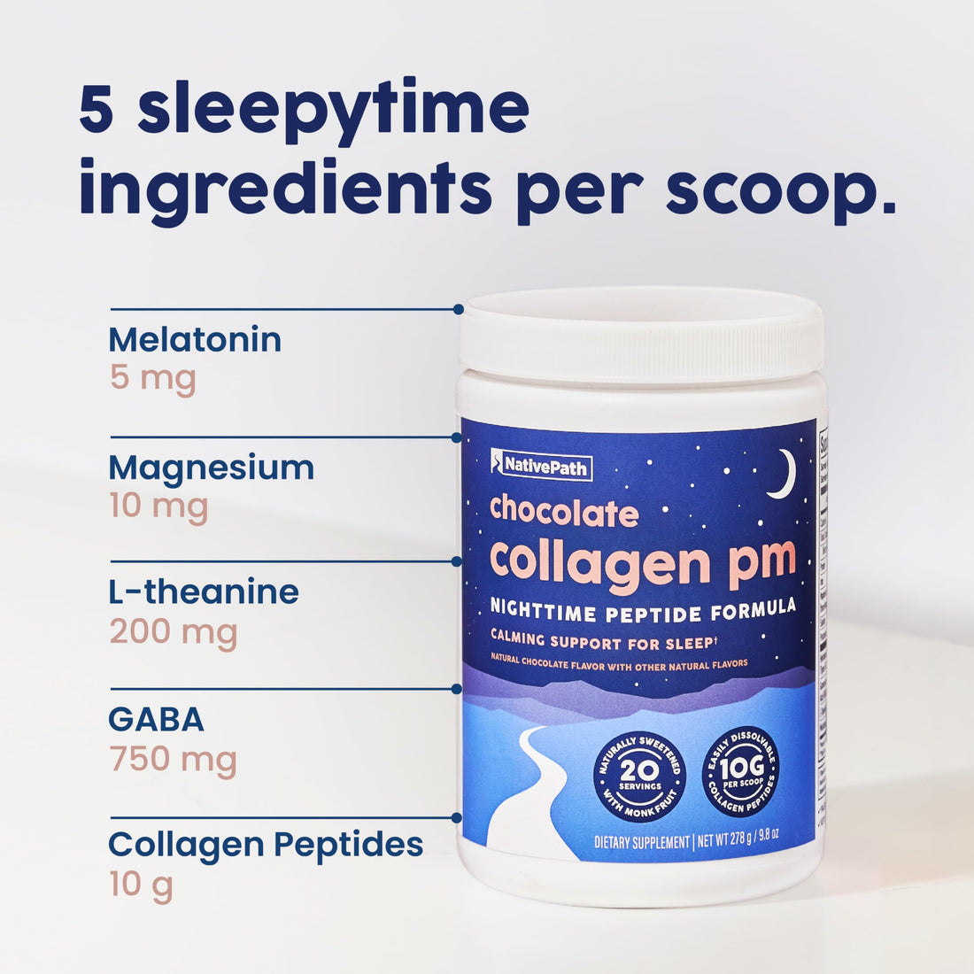 NativePath Collagen PM - Chocolate Nighttime Collagen Peptides Powder with Magnesium, GABA, L-Theanine and Melatonin - 20 Servings