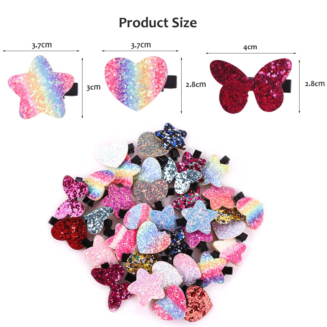 Fishdown Sparkle Sequins Hair Accessories for Girls: 36 Pcs Star, Heart, Butterfly Hair Clips, Barrettes, and Alligator Clips for Toddlers