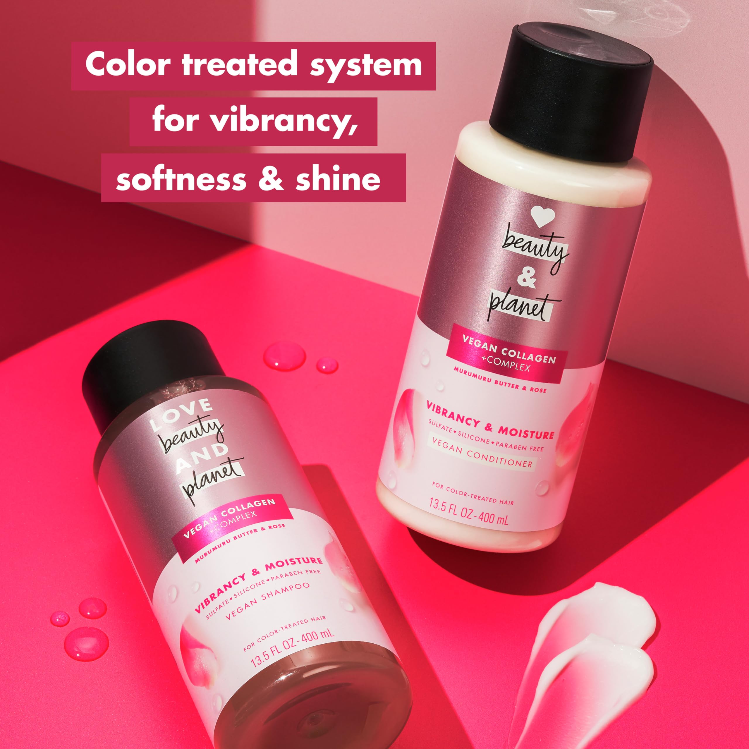 Love Beauty and Planet Shampoo & Conditioner Murumuru Butter & Rose 2 Count for Color-Treated Hair Shampoo and Conditioner Silicone Free, Paraben Free and Vegan 13.5 oz