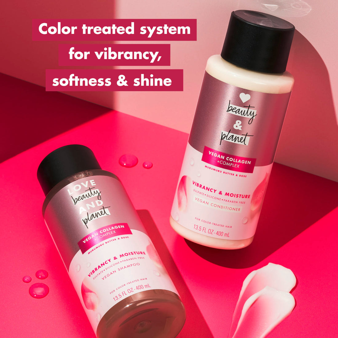 Love Beauty and Planet Vegan Collagen Moisture Shampoo Murumuru Butter & Rose Pack of 4 for Color-Treated Hair Vibrancy, 13.5 oz