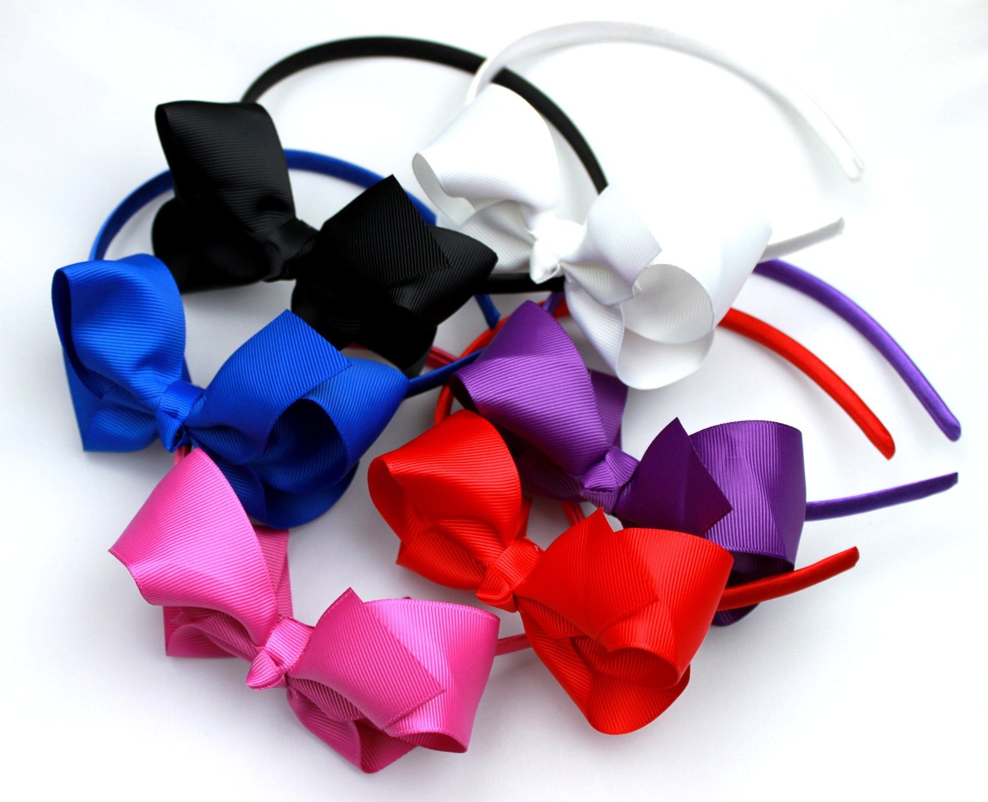 Syleia K&M Fashion Headbands with 4 inch Bow, Set of 6 Blue, White, Black, Red, Purple, Rose School and Playtime Perfect Hair