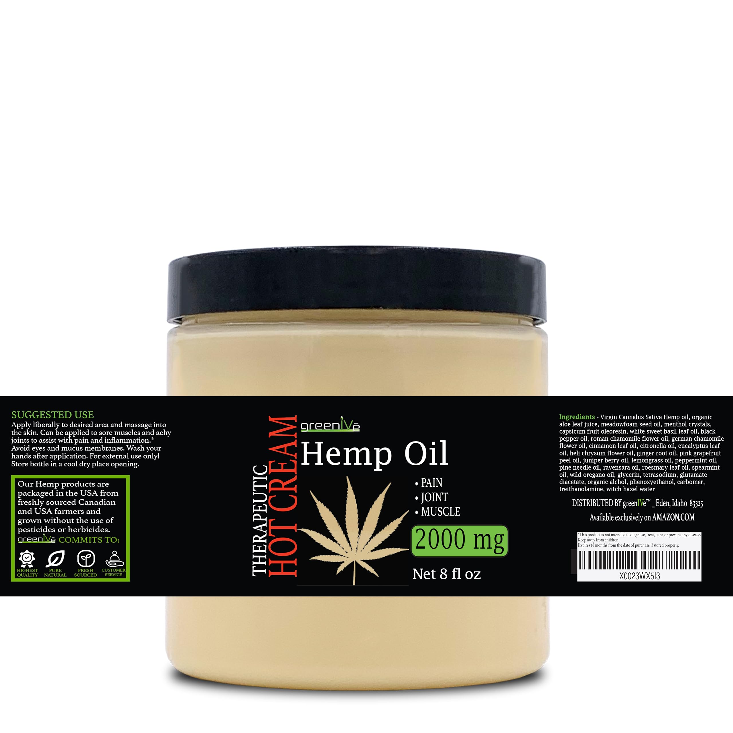 GreenIVe Hemp Hot Cream Soothing Moisturizing Hemp Hot Cream Exclusively on Amazon (2,000mg Jar)