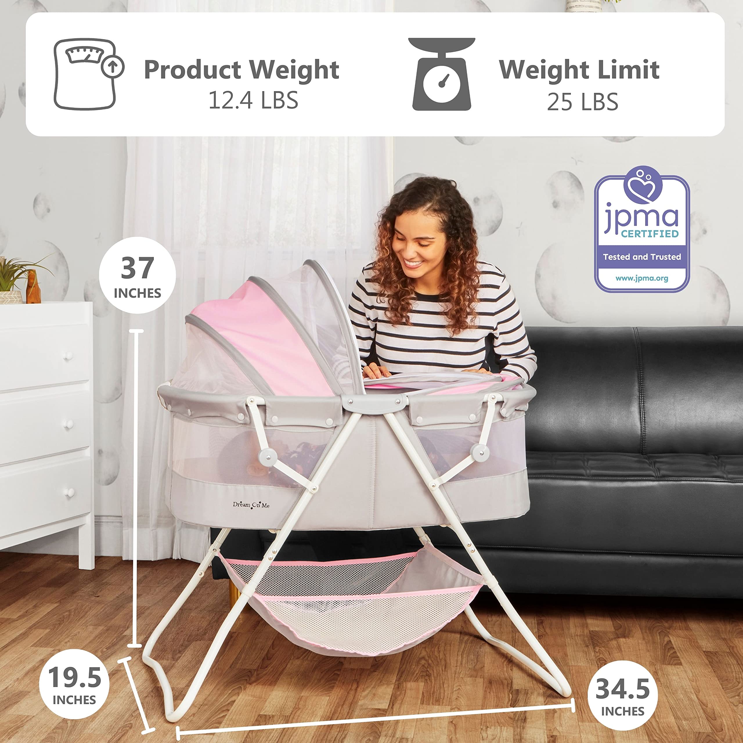 Dream On Me Karley Baby Bassinet in Grey and Pink, Lightweight Portable, Quick Fold and Easy to Carry , Adjustable Double Canopy, Indoor and Outdoor with Large Storage Basket.