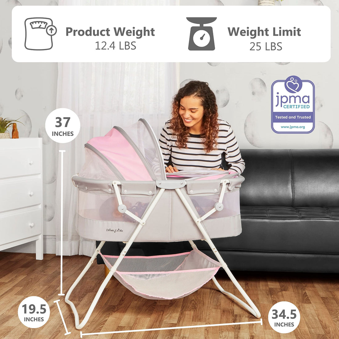 Dream On Me Karley Baby Bassinet in Grey and Pink, Lightweight Portable, Quick Fold and Easy to Carry , Adjustable Double Canopy, Indoor and Outdoor with Large Storage Basket.