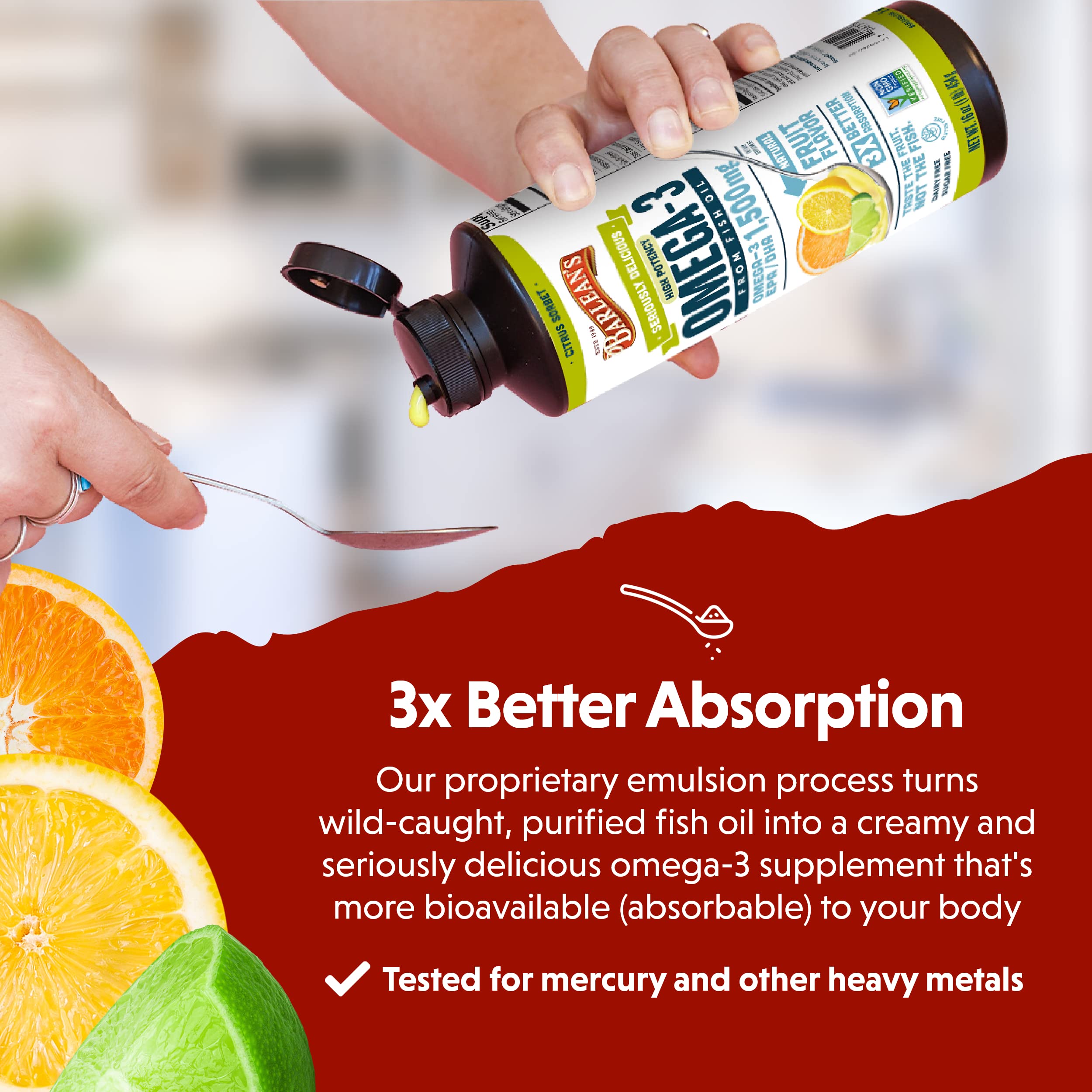 Barlean's Citrus Sorbet High Potency Omega 3 Fish Oil Liquid Supplement, 1500mg of EPA & DHA Fatty Acid, Smoothie Flavored & Burpless for Brain, Joint, & Heart Health, 16 oz
