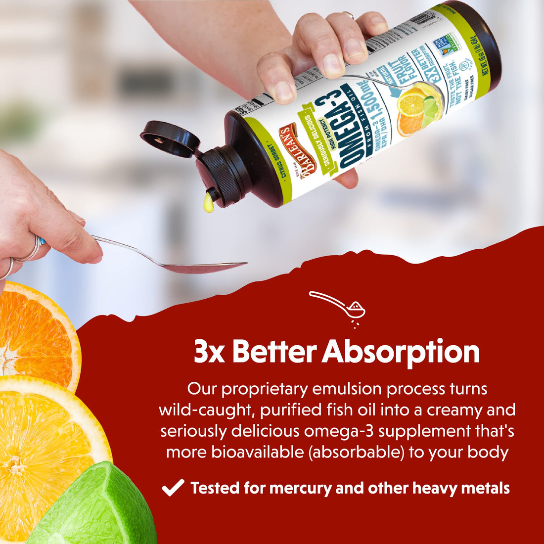 Barlean's Citrus Sorbet High Potency Omega 3 Fish Oil Liquid Supplement, 1500mg of EPA & DHA Fatty Acid, Smoothie Flavored & Burpless for Brain, Joint, & Heart Health, 16 oz
