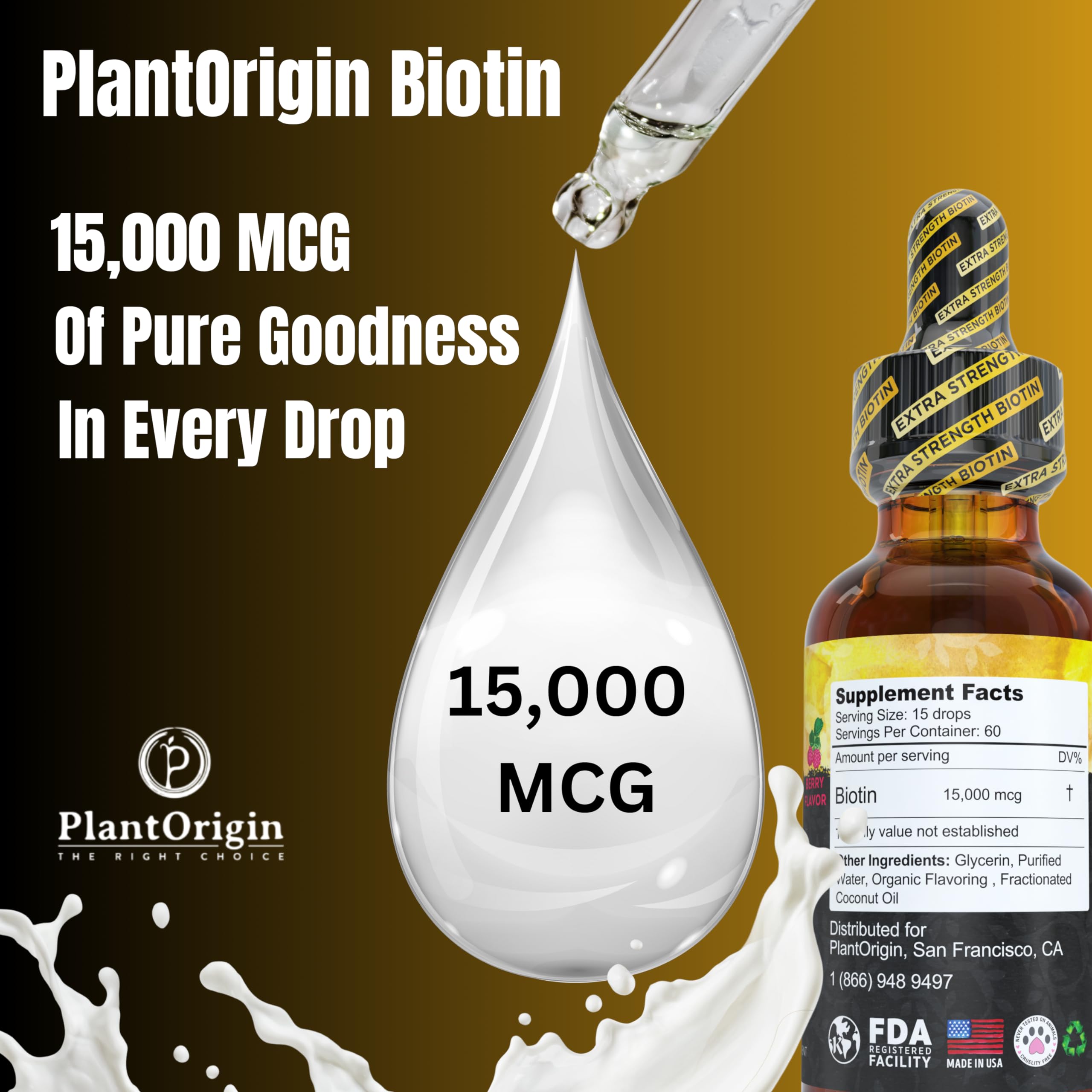 PLANTORIGIN Extra Strength15,000 MCG Biotin Liquid Drops - Promotes Hair Growth, Radiant Skin & Strong Nails, Vegan & Kosher, Berry Flavor - 5X Absorption, 60 Servings