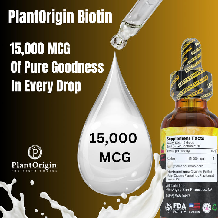 PLANTORIGIN Extra Strength15,000 MCG Biotin Liquid Drops - Promotes Hair Growth, Radiant Skin & Strong Nails, Vegan & Kosher, Berry Flavor - 5X Absorption, 60 Servings