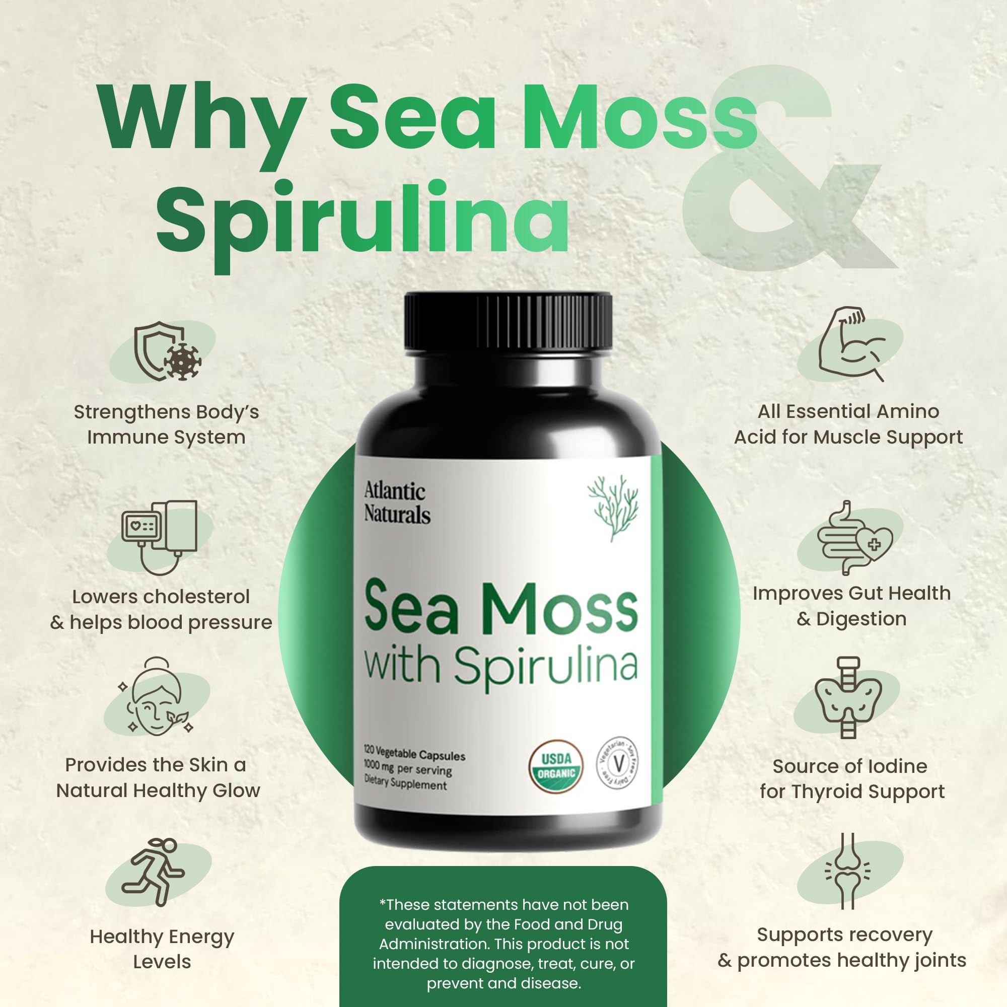 Atlantic Naturals Sea Moss with Spirulina Superfood Capsules - Multivitamin Supplement Supports Healthy Iron and Immune Health, Alternative to Seamoss Gel and Powder - Irish Sea Moss Capsules (120 ct)