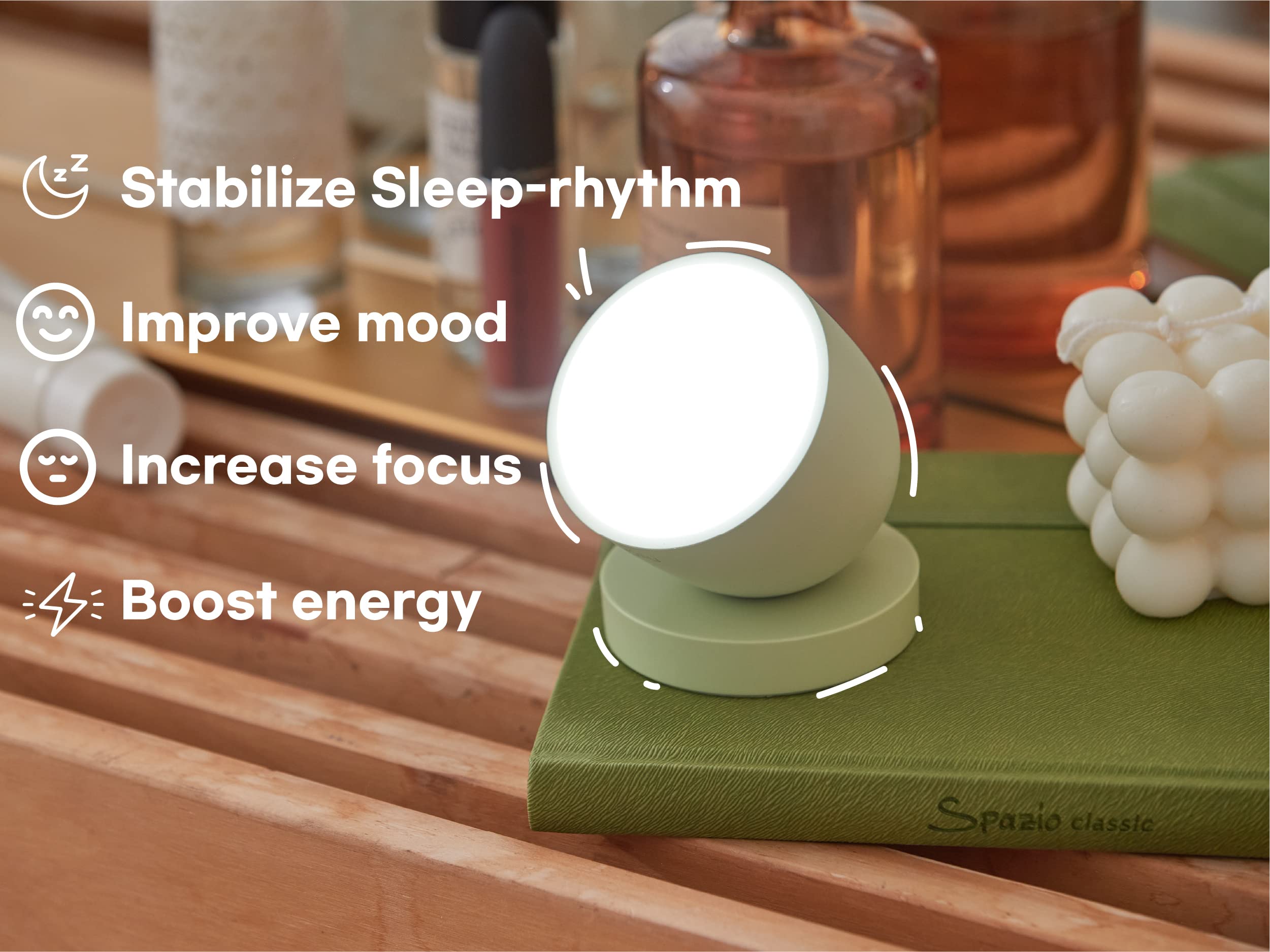 Olly Light Therapy Lamp - UV-Free LED Sunlight Lamp with 140g Compact Size, Rechargeable, 2step Brightness Mode, 25minutes Automatic Timer - Daily Sunlight to Sleep Well (Solid Gray)