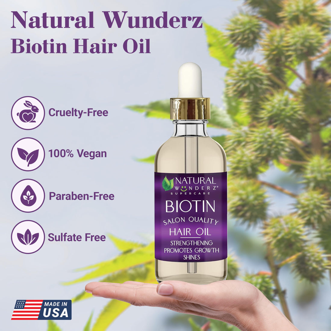 Natural Wunderz Biotin Hair Oil, Supports Hair Growth, Thickening Serum with Collagen and Vitamin B7, Moisturizing Scalp Treatment for Dry and Damaged Hair, Sulfate Free and Vegan Friendly, 4 Fl Oz