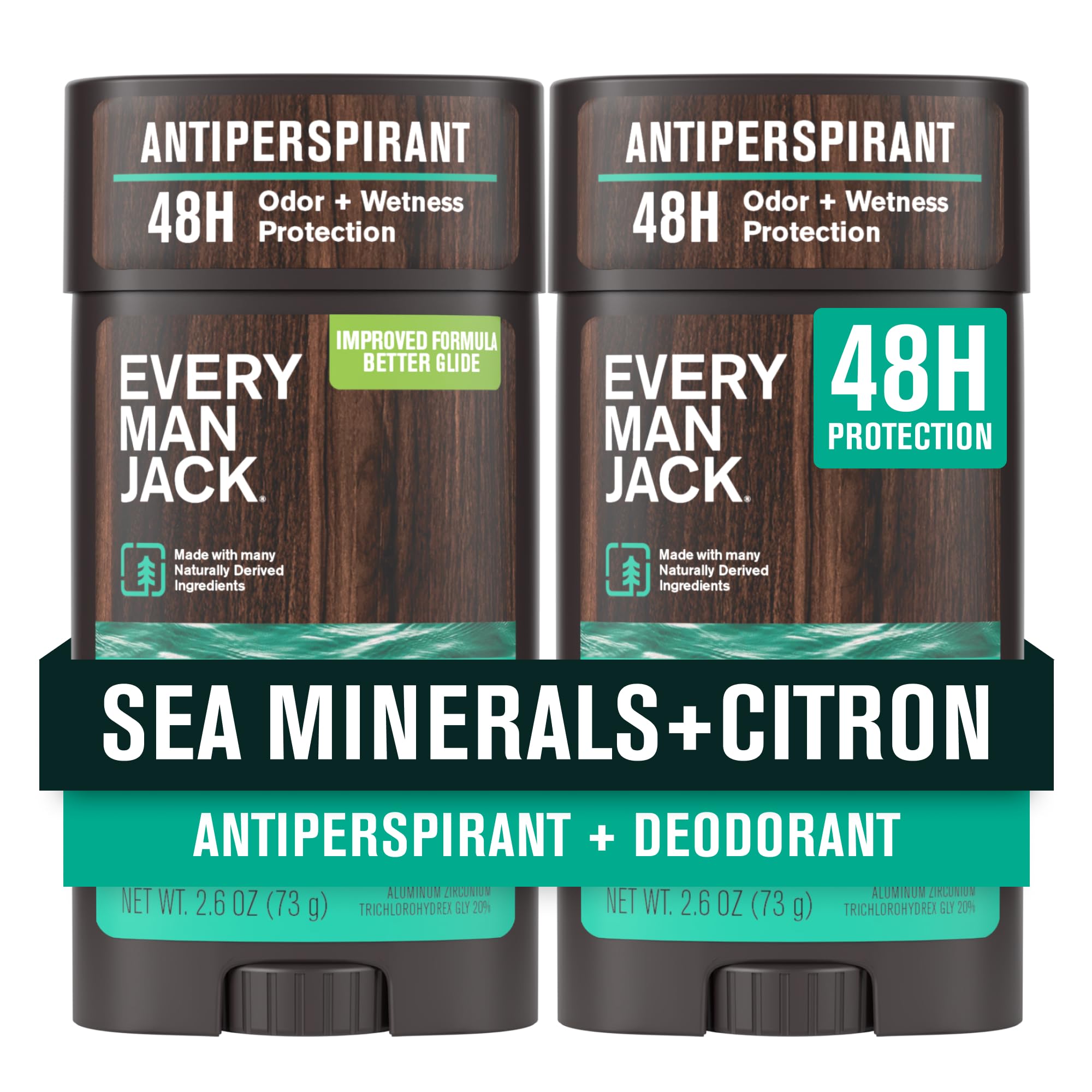 Every Man Jack Men’s Sea Minerals + Citron Antiperspirant Deodorant – New & Improved Formula – Smooth Glide, 48-Hour Odor & Sweat Defense– 2.6 oz (2 Pack)
