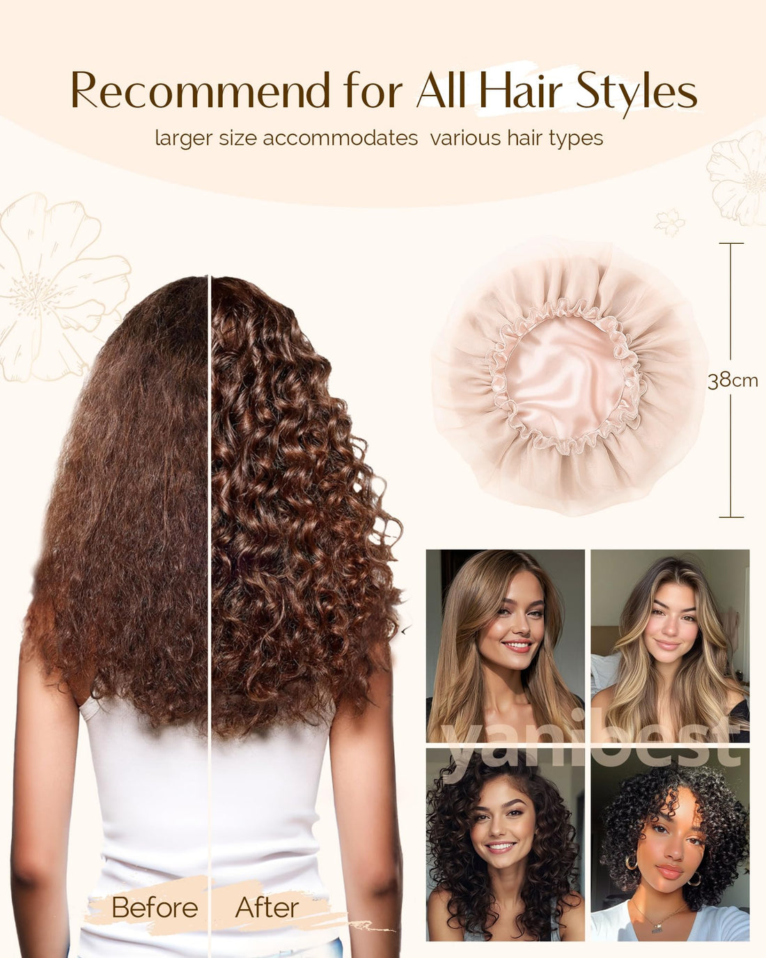 Yanibest Breathable Butter-satin Lined Bonnet, Silk Hair Bonnet for Sleeping Women, Night Cap for Curly Fine Straight Hair, Beige