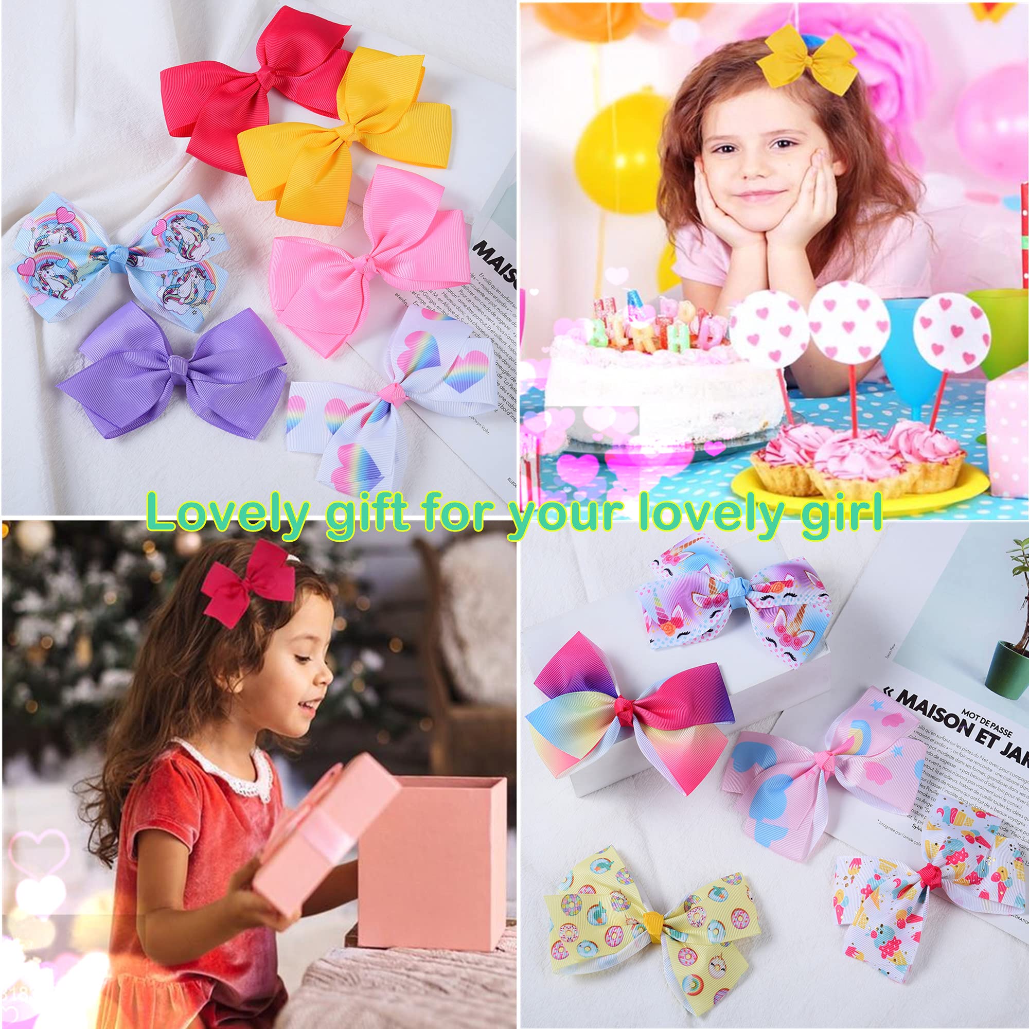 12Pcs Rainbow Heart Alligator Clips, Colorful Grosgrain Ribbon Hair Bows for Girls, Toddlers, Kids, and Teens