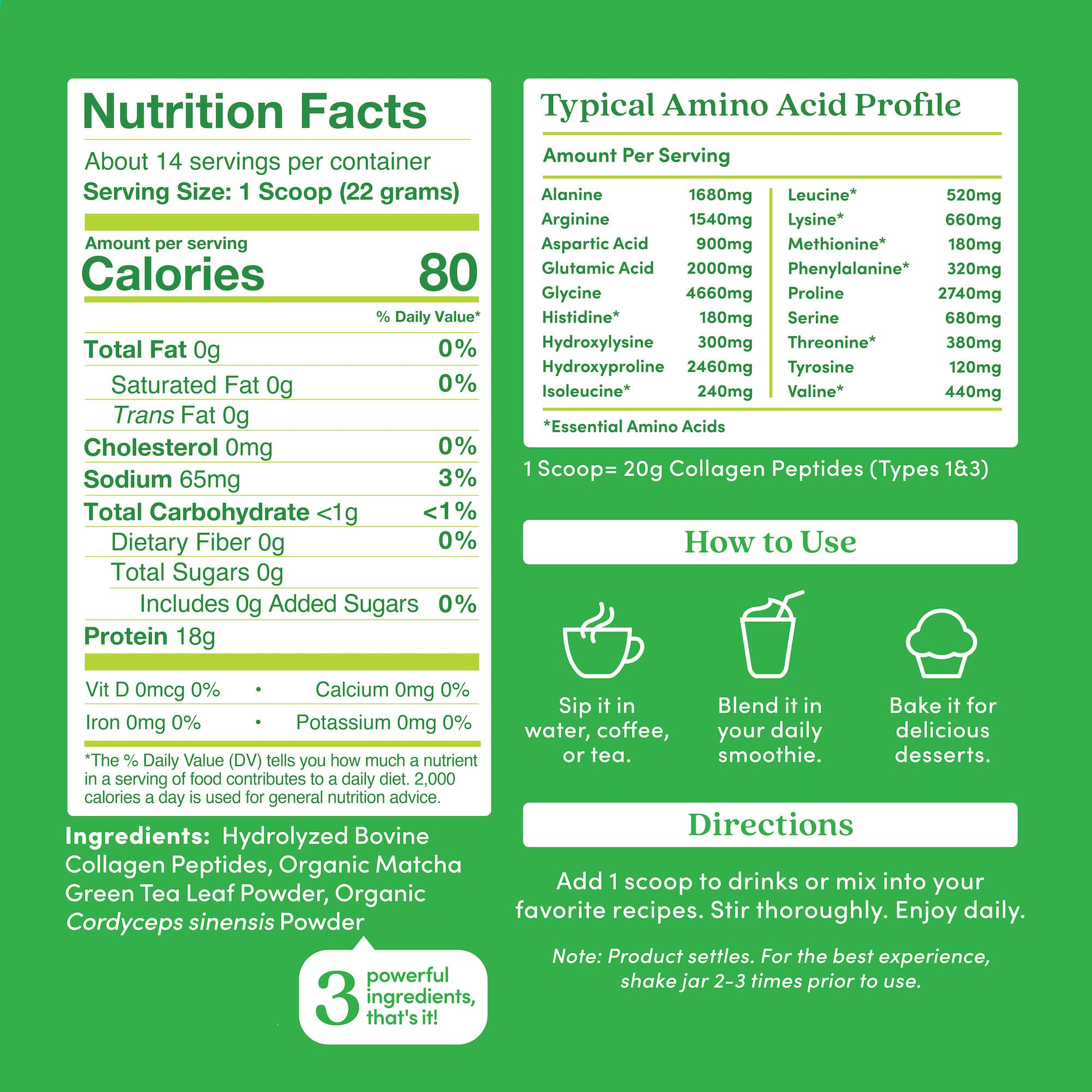 Further Food Matcha Collagen Peptides Powder - Organic Matcha & Cordyceps for All Day Energy, Mental Clarity & Immunity & Premium for Gut Health, Joints, Skin, Hair & Nails 10.62 oz