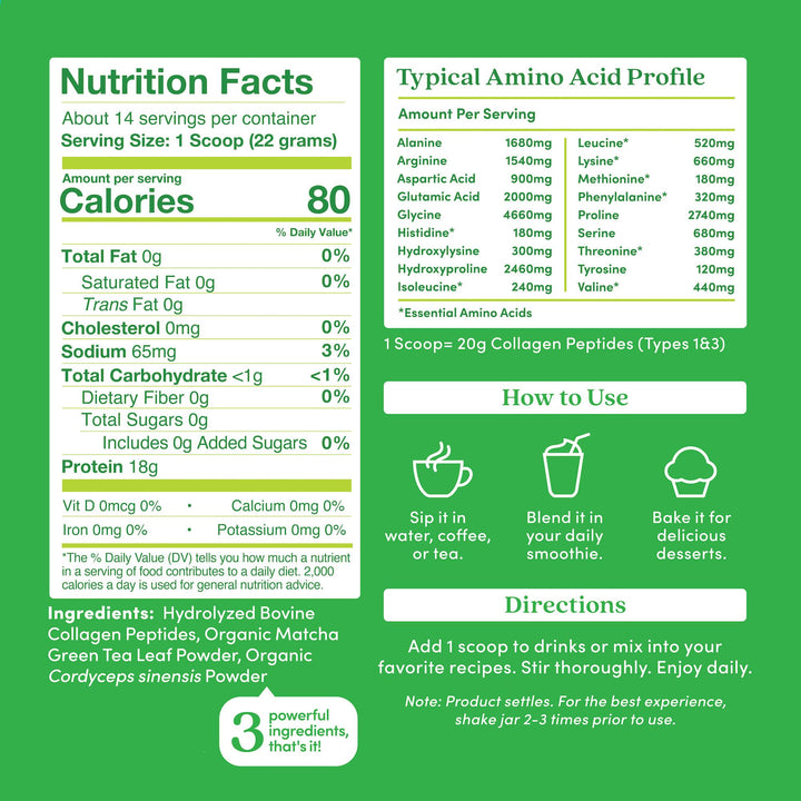 Further Food Matcha Collagen Peptides Powder - Organic Matcha & Cordyceps for All Day Energy, Mental Clarity & Immunity & Premium for Gut Health, Joints, Skin, Hair & Nails 10.62 oz