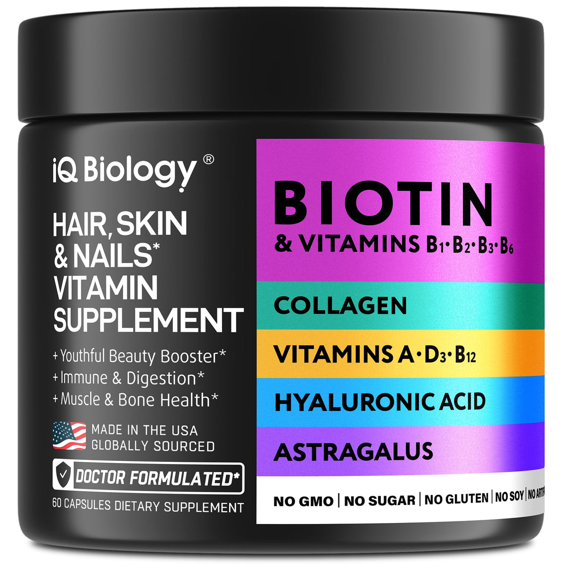 Biotin 10,000 mcg Supplement for Hair Growth with Collagen & Keratin for Hair Loss & Thinning Hair - Hair Skin and Nails Vitamins for Women & Men - Healthy Regrowth, Skin Glow & Nail Repair - 60 Pills