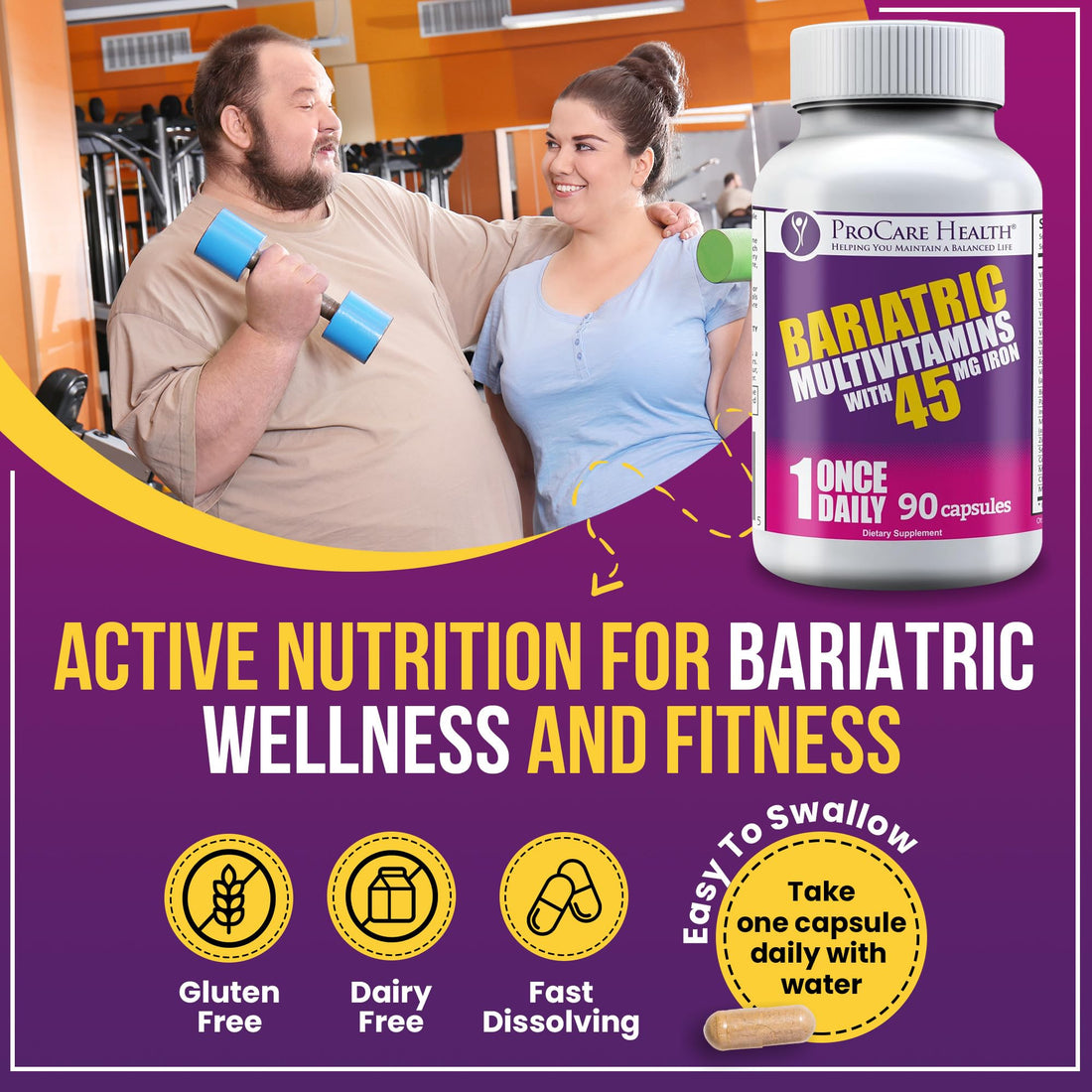 ProCare Health Bariatric Multivitamin with Iron 45mg (90 Easy to Swallow Capsules) - Post Op Bariatric Vitamins for Gastric Bypass Pills for Sleeve Patients, Sustain Recovery & Energy (3 Month Supply)