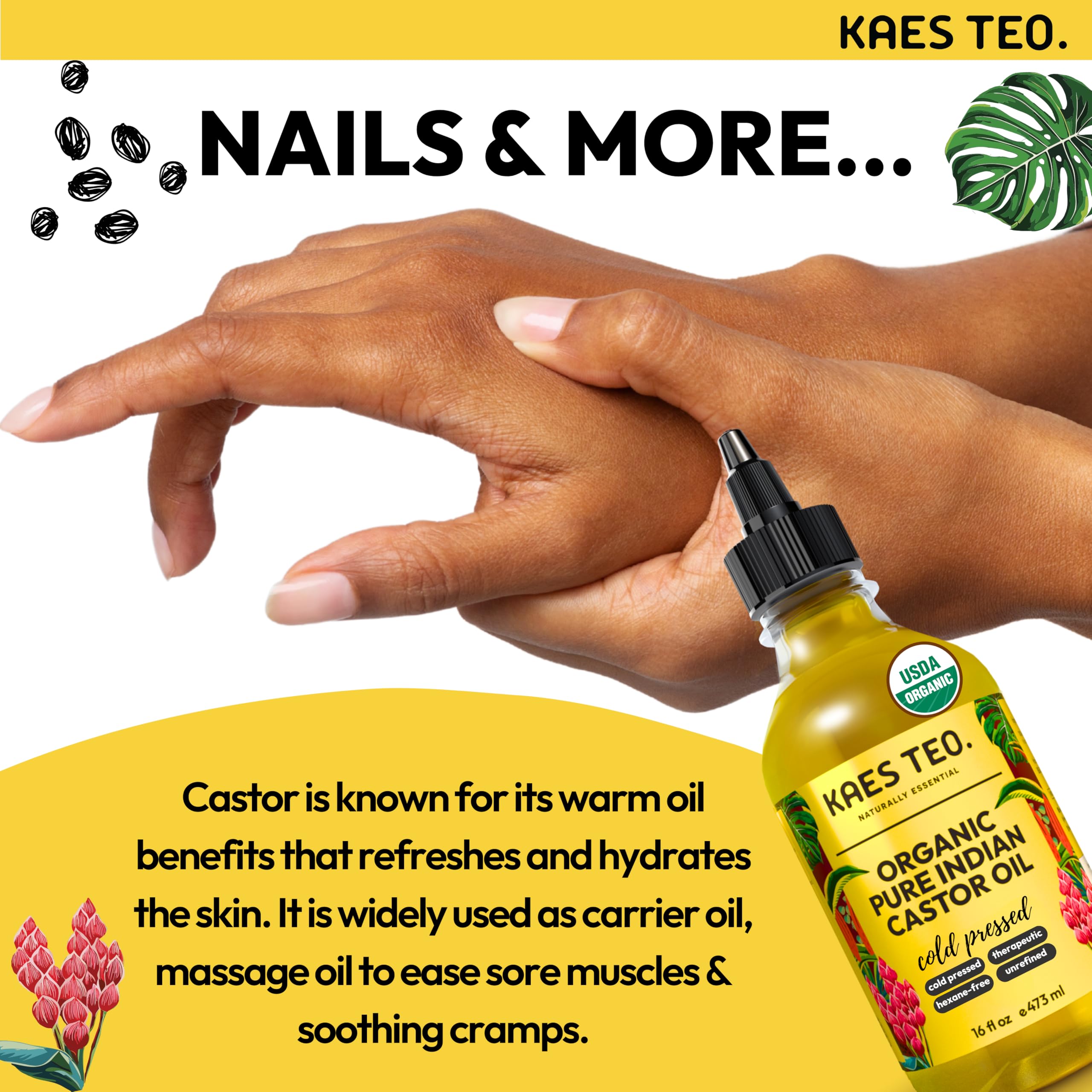 Kaes Teo Cold Pressed Organic Castor Oil Hexane Free - 16 Fl Oz - 100% Pure, Natural - Premium Grade Carrier Oil for Hair Growth, Eyelashes and Eyebrows, Skin, Nails, Face & More, Castor Oil Packs
