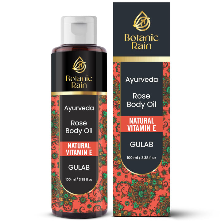 Botanic Rain Ayurveda Rose Body Oil, Moisturizing & Hydrating Organic Vitamin E Oil, Body Oils For Women After Shower, Ayurveda Products For Crepey Skin Repair - 3.38 Fl Oz