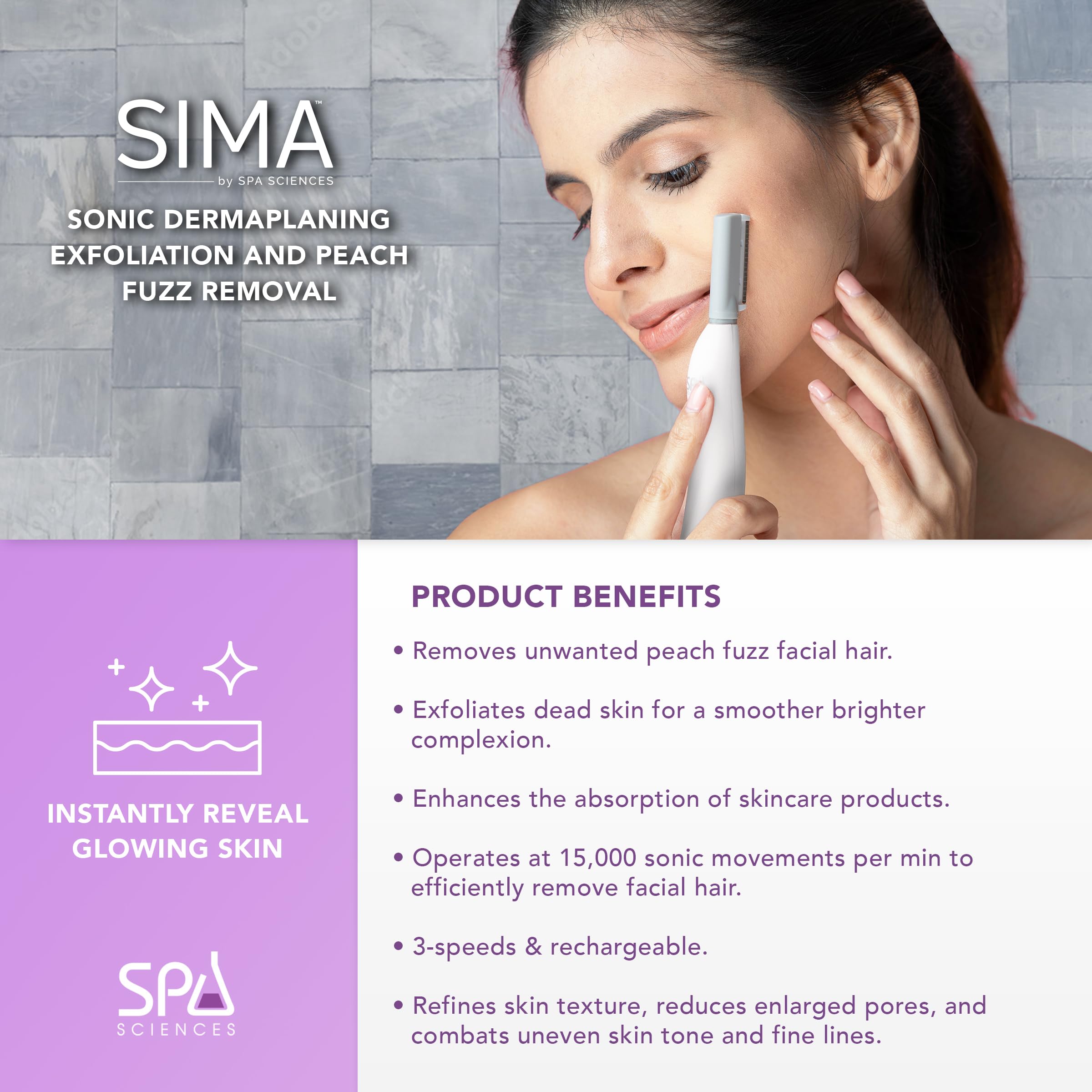 Spa Sciences SIMA Sonic Dermaplaning Tool-Professional & Painless 2 in 1 Facial Exfoliation & Peach Fuzz-Hair Removal System w/ 7 Weeks Treatment Included|Anti-Aging|3 Speeds|Rechargeable