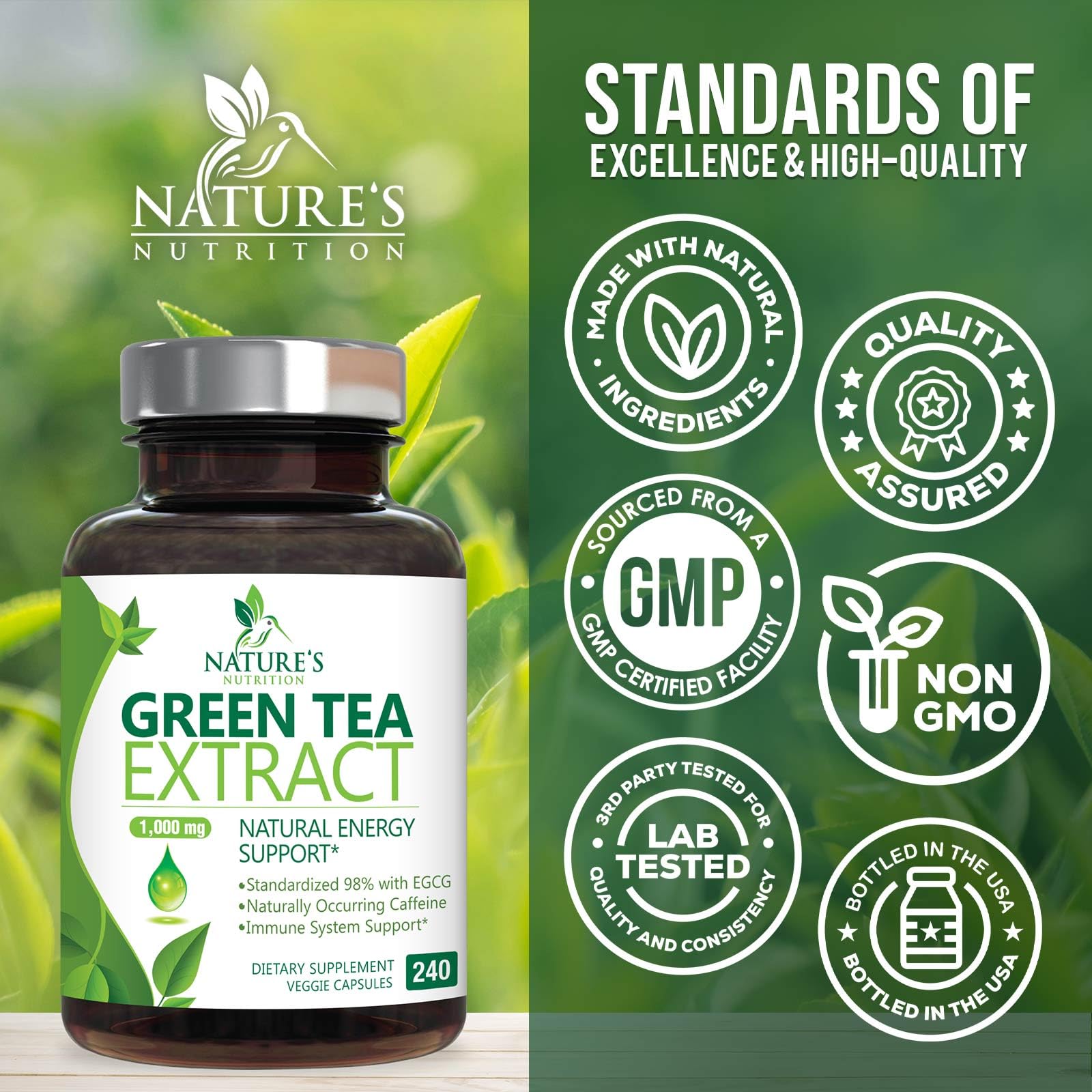 Green Tea Extract Capsules 1000mg 98% Standardized EGCG - 3X Strength for Natural Energy - Heart Support with Polyphenols - Gentle Caffeine - 240 Capsules