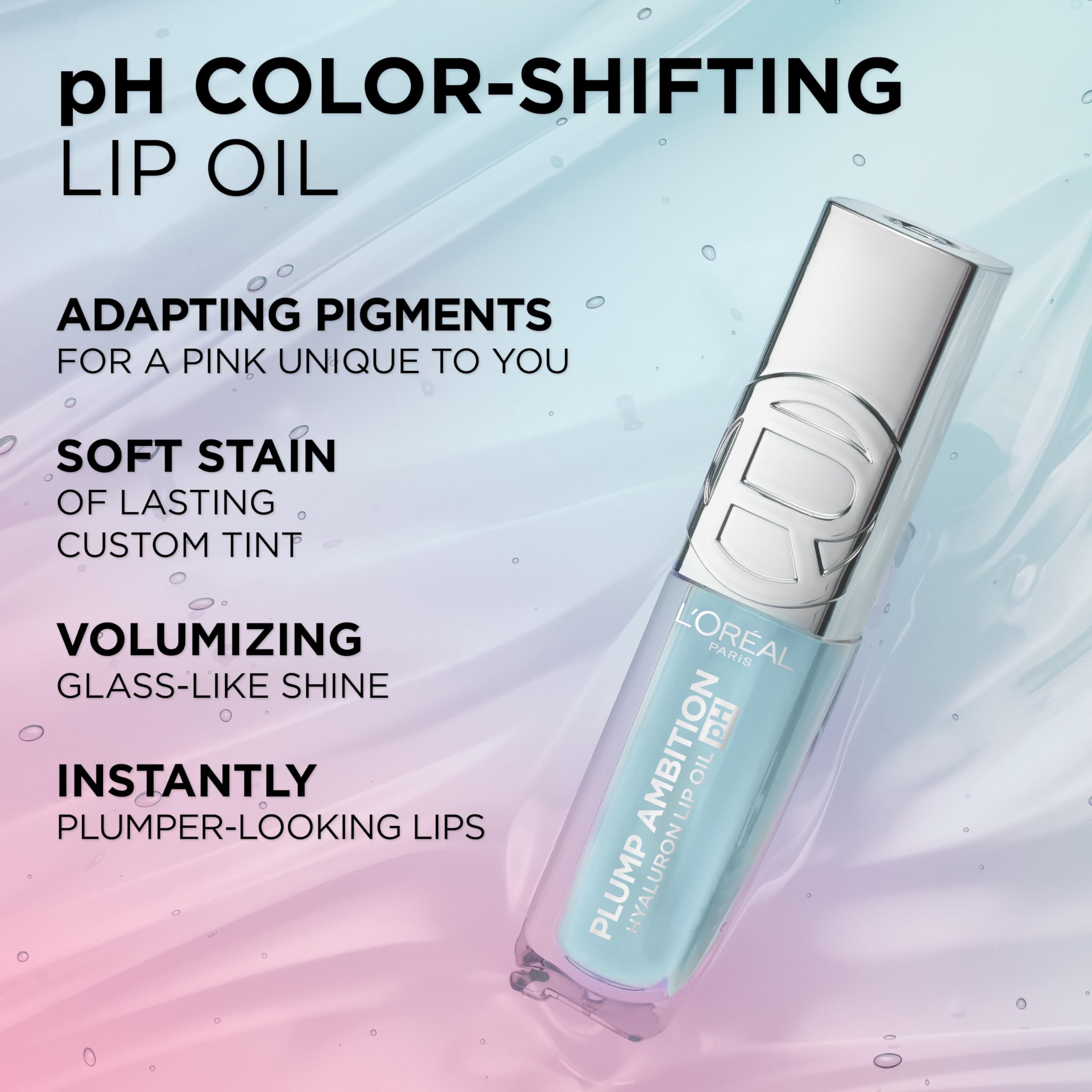 L'Oreal Paris Plump Ambition pH Hyaluron Lip Oil, Color Shifting Lip Tint with 24HR Hydration, Volumizing Shine and Lasting Color, 010 pH Cristal Ice