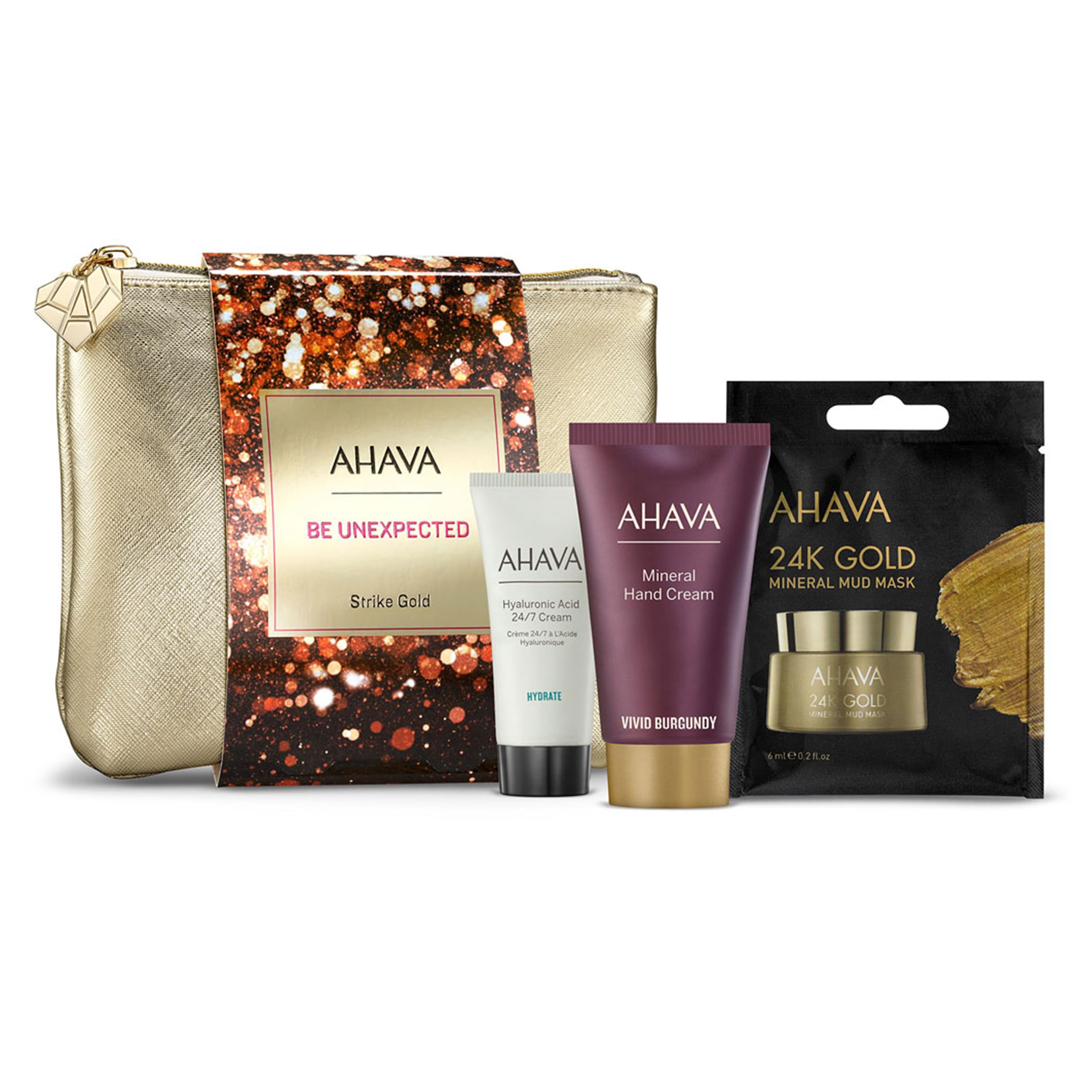 AHAVA Strike Gold Gift Set, Includes Hyaluronic Acid 24/7 Cream 0.48 Fl.Oz, Mineral Hand Cream Vivid Burgundy 1.3 Fl.Oz & Single Use 24KGold Mineral Mud Mask 0.2 Fl.Oz, Enriched with Exclusive Dead Se
