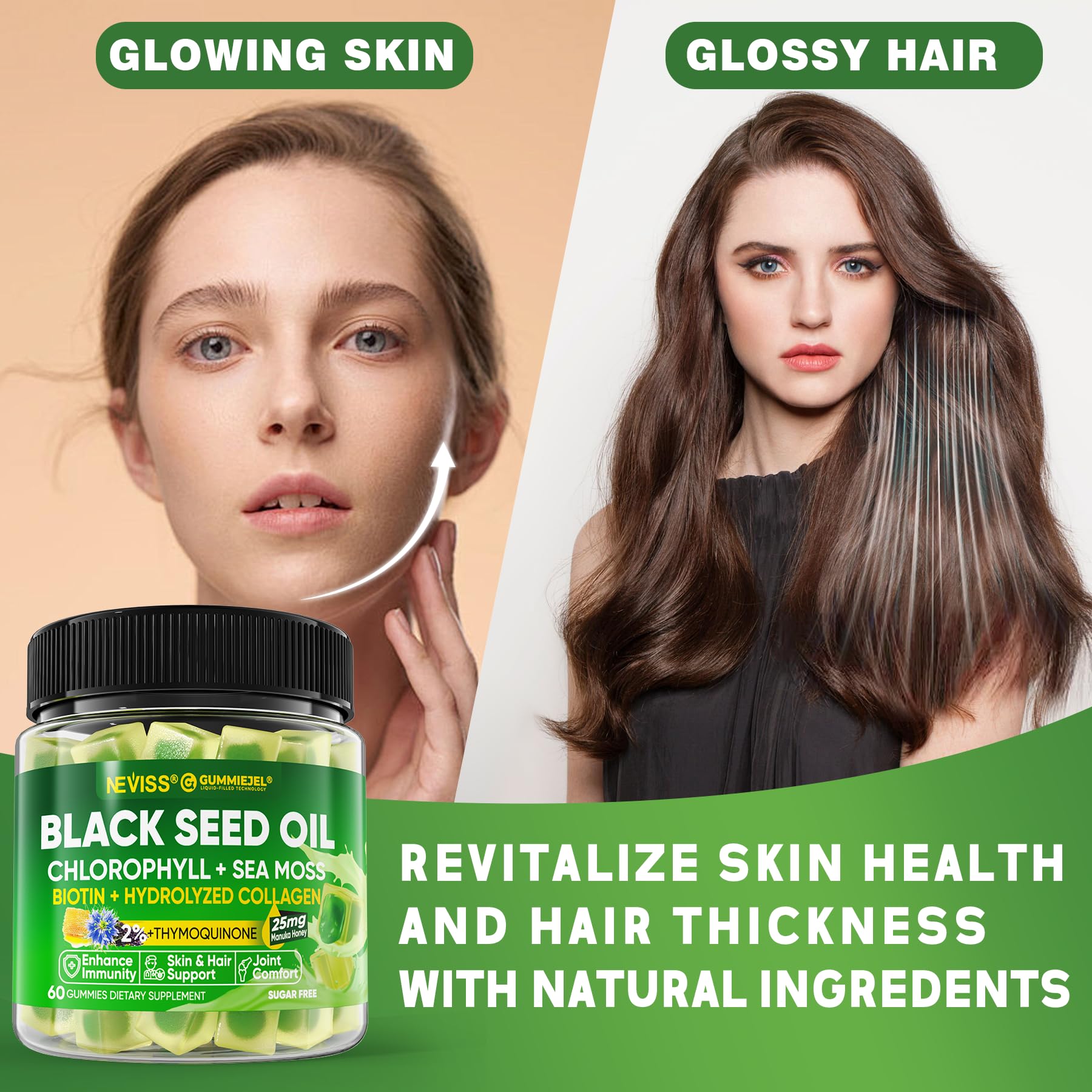 Black Seed Oil Gummies, Chlorophyll & Sea Moss Supplement 500mg, Biotin 500mcg with Hydrolyzed Collagen for Skin, Hair & Nails, Vit E, C, Zinc for Overall Health, Organic Cold Pressed, High Absorption