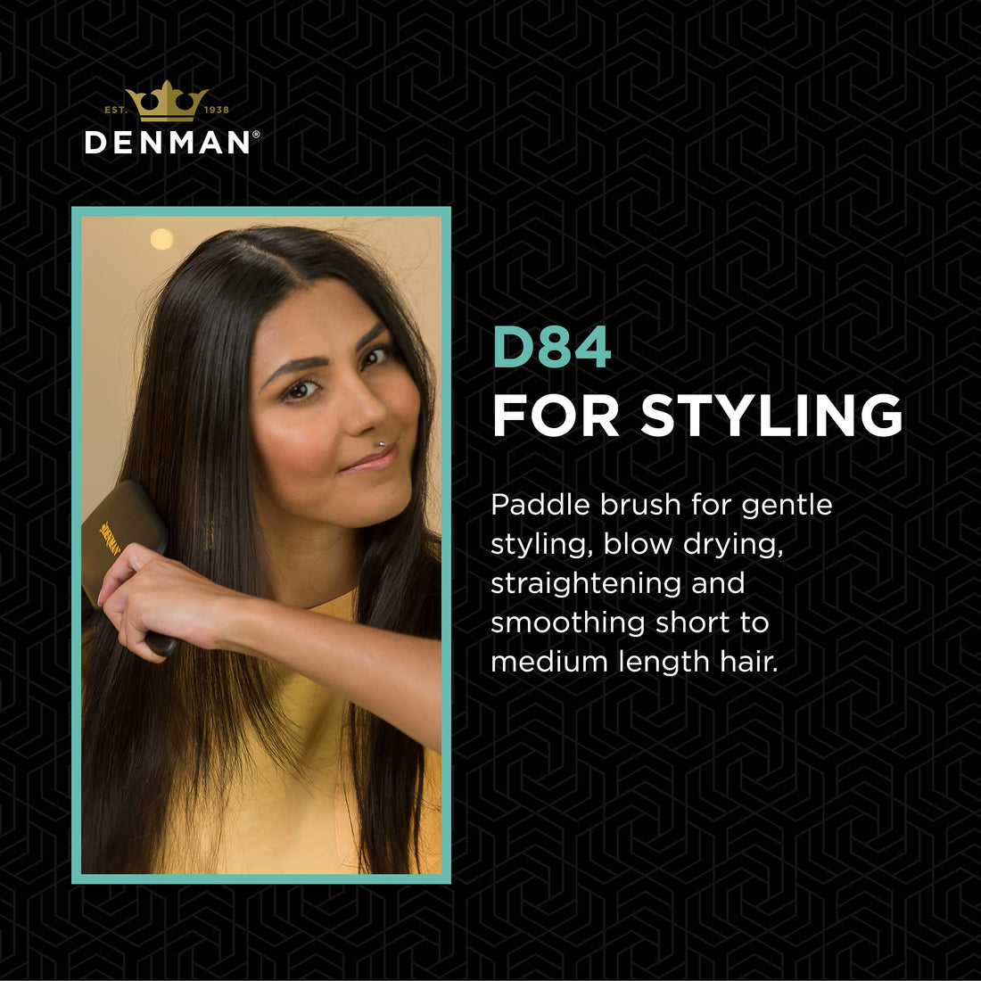 Denman (Black) Mini Paddle Cushion Hair Brush for Blow Drying, Detangling & On the Go Travel - Comfortable Styling, Straightening & Smoothing - For Women and Men, D84
