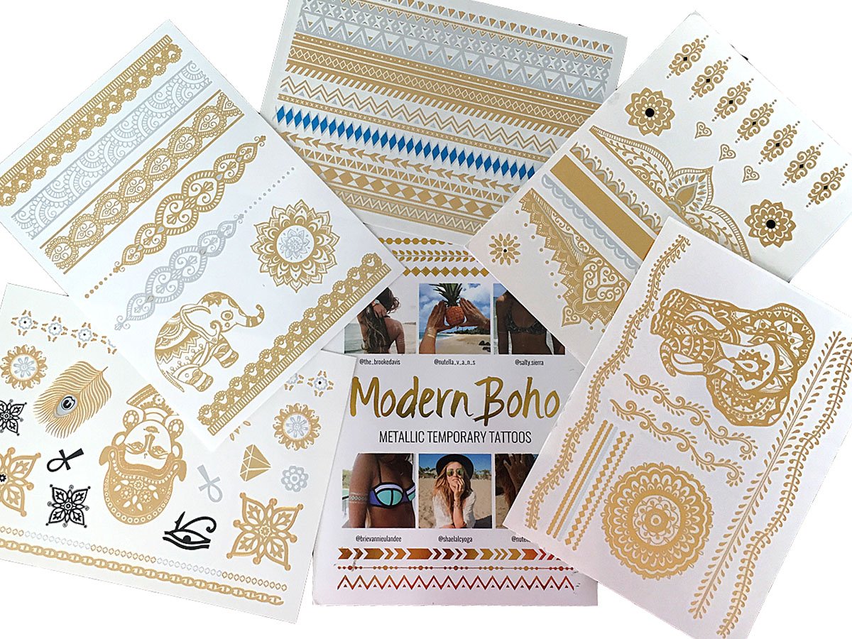 Modern Boho 5 Sheets Metallic Tattoos, Gold/Silver Flash, Namaste Collection