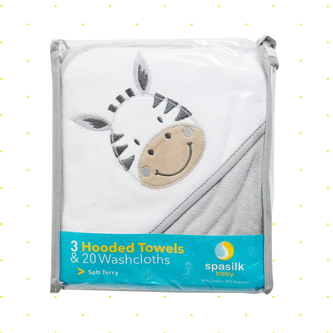 Spasilk 23-Piece Soft Terry Hooded Bath Towel and Washcloth Gift Set, 3 Baby Towels and 20 Baby Washcloths for Unisex Newborn Bath Essentials, Ideal, White Zebra