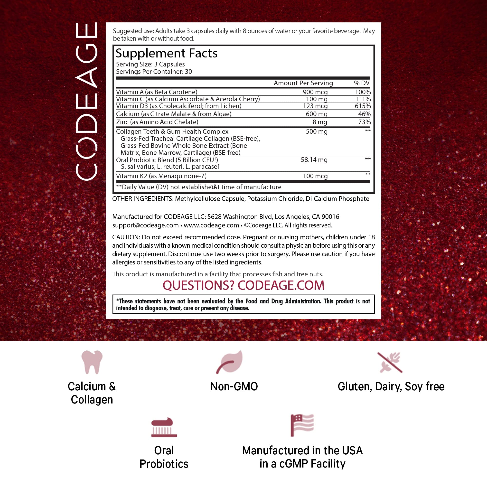 Codeage Teeth & Gums Vitamins + Oral Probiotics Supplement for Mouth - Whole Food Calcium, Collagen, Potassium, Vitamin C, D3, K2, Zinc – Oral Care & Dental Multivitamin Supplements - 2 Pack