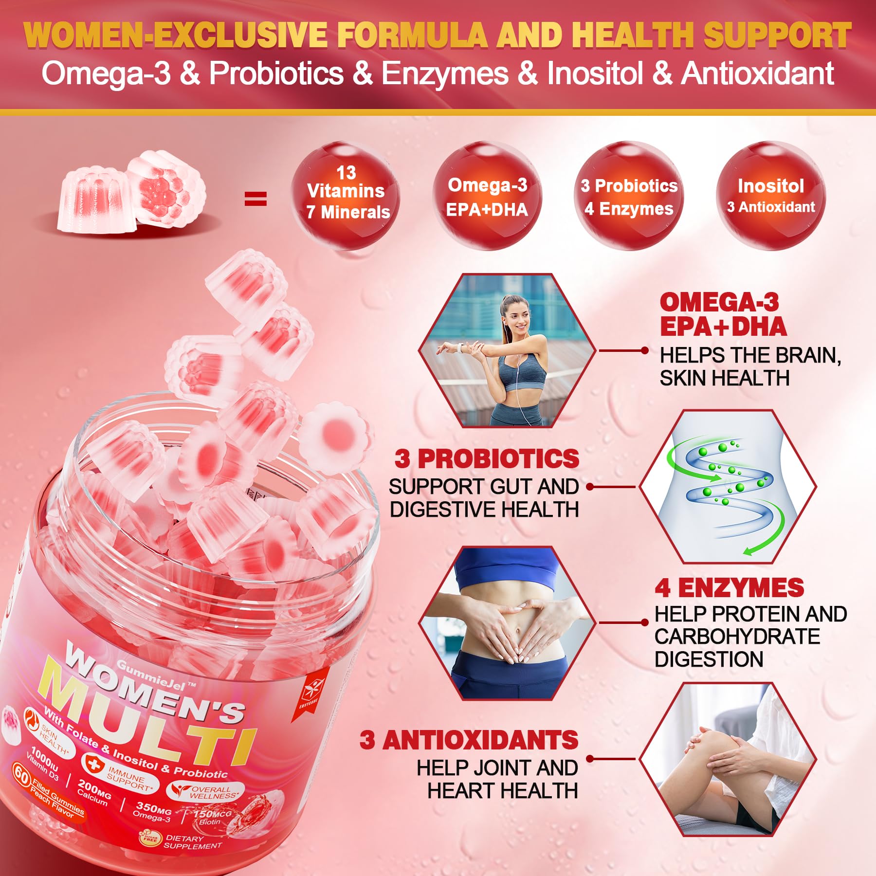 Sugar-Free Women's Multivitamin Gummies - Multivitamin Filled Gummies with Omega-3, Enzymes & Antioxidant Blend to Support Overall Health, Immunity, Hair, Nails & Skin Health. Womens Vitamins - 60 ct