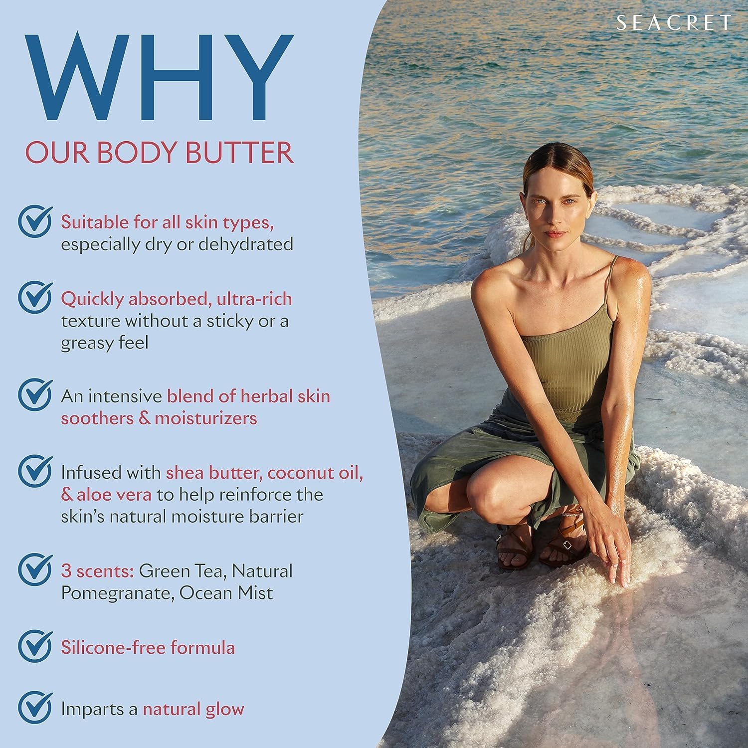 SEACRET Body Butter - A Rich Body Moisturizer Cream with Shea Butter, Cocoa Butter, Vitamins E & C and Dead Sea Minerals, Pomegranate scent, 8.5 FL. OZ