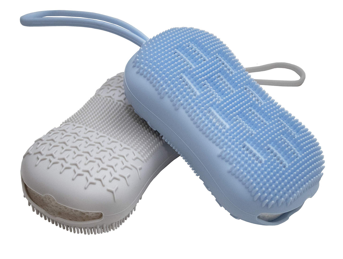 Serenity Select 2 pack Exfoliating Silicone Body Scrubbers for Use in Shower, Silicon Loofah Brush Double Sided Bath Sponge- Cleanses, Stimulates Circulation- Silicone Bath Body Brush- Blue/Gray