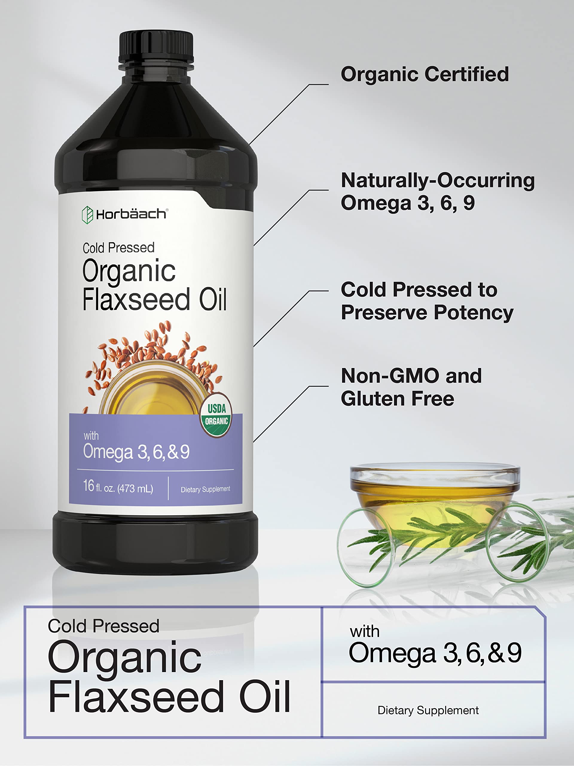 Horbäach Organic Flaxseed Oil | 3 Pack | 16 fl oz Each | Cold Pressed | with Omega 3, 6, 9 | Vegetarian, Non-GMO, Gluten Free Liquid