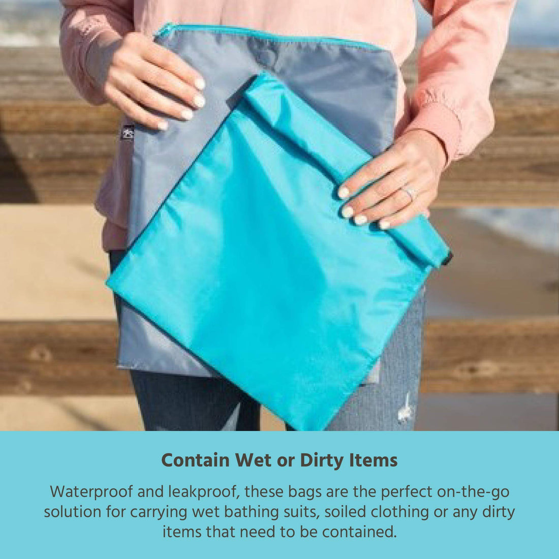 J.L. Childress Waterproof Wet and Dry Bags - 2 Pack - Leak-proof, Machine-Washable Wet Dry Bags - Reusable Bags for Travel, Beach, Cloth Diapers, Wet Clothes, Swimsuits, Gym - Teal/Grey