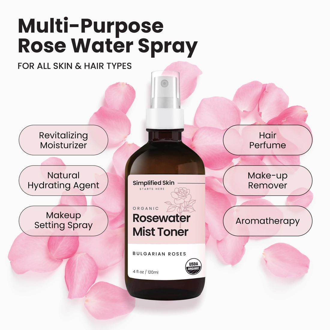 Rose Water Spray for Face & Hair - Organic USDA Certified Rosewater Facial Toner - Alcohol-Free Makeup Setting Hydrating Face Mist - Anti-Aging Toner Spray - 4 Oz