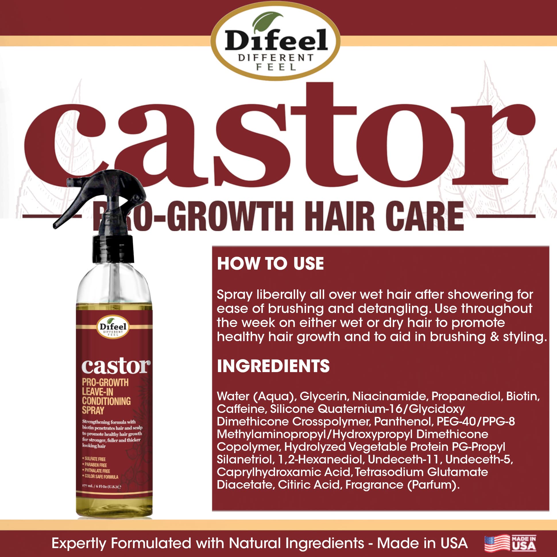 Difeel Castor Pro-Growth Leave-in Conditioning Spray 8 oz. - Large Bottle