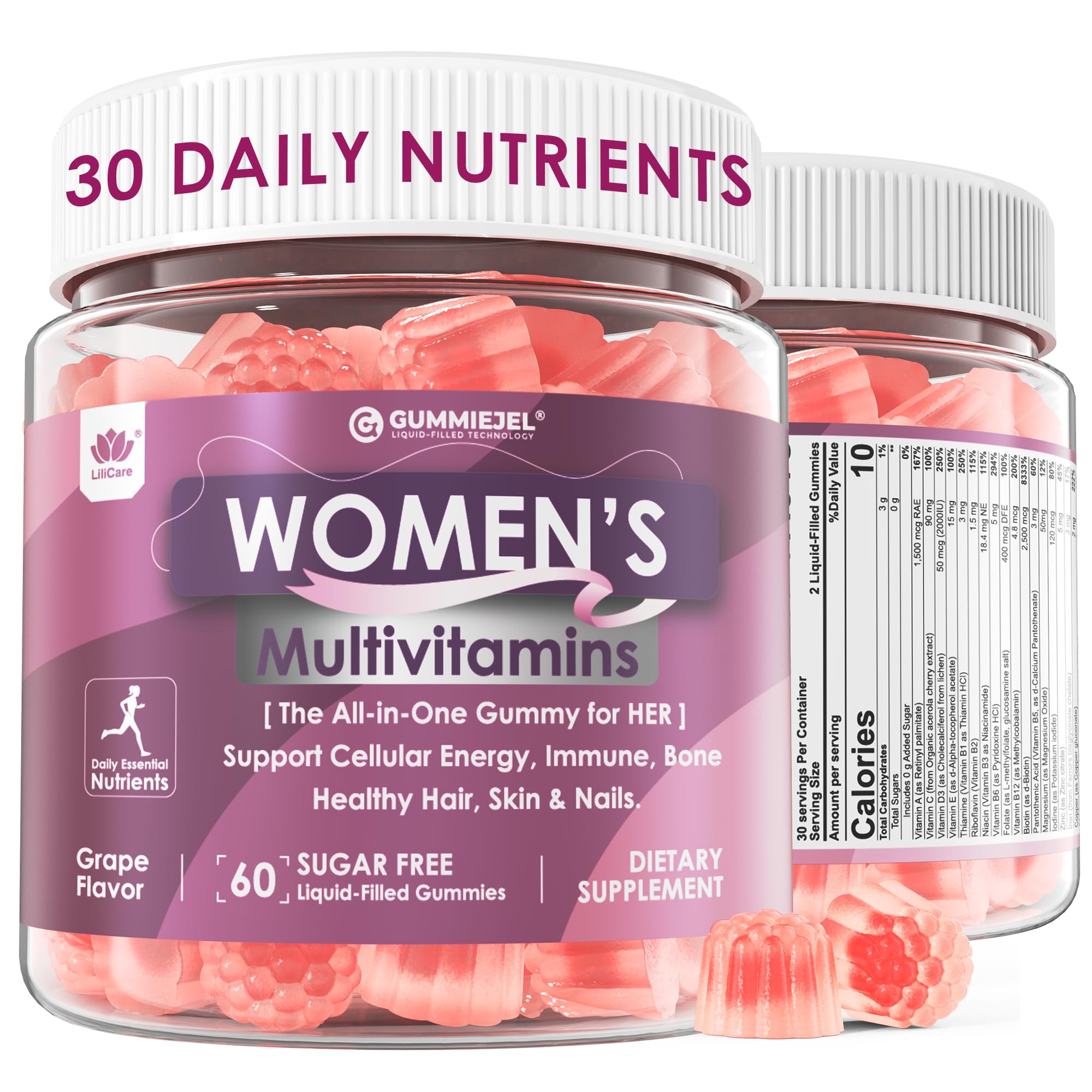 Womens Multivitamin Gummy with Iron, Biotin 2500mcg, Collagen, Keratin, Daily Vitamins A C D E Folate, B Complex, Methylated Multivitamin for Women Support Energy, Beauty, Immune, Sugar Free, 60 Cts