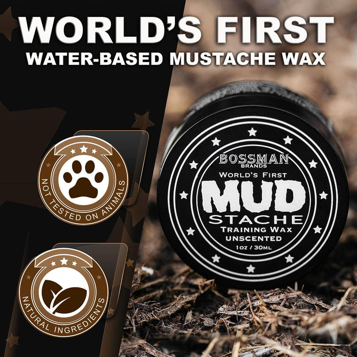 Bossman MUDstache Unscented Mustache Wax – No Pull - Spreads Easy for a Strong Non-Tacky 24 hr Hold - Tame, Train and Style - Moustache Wax for Men (1oz)